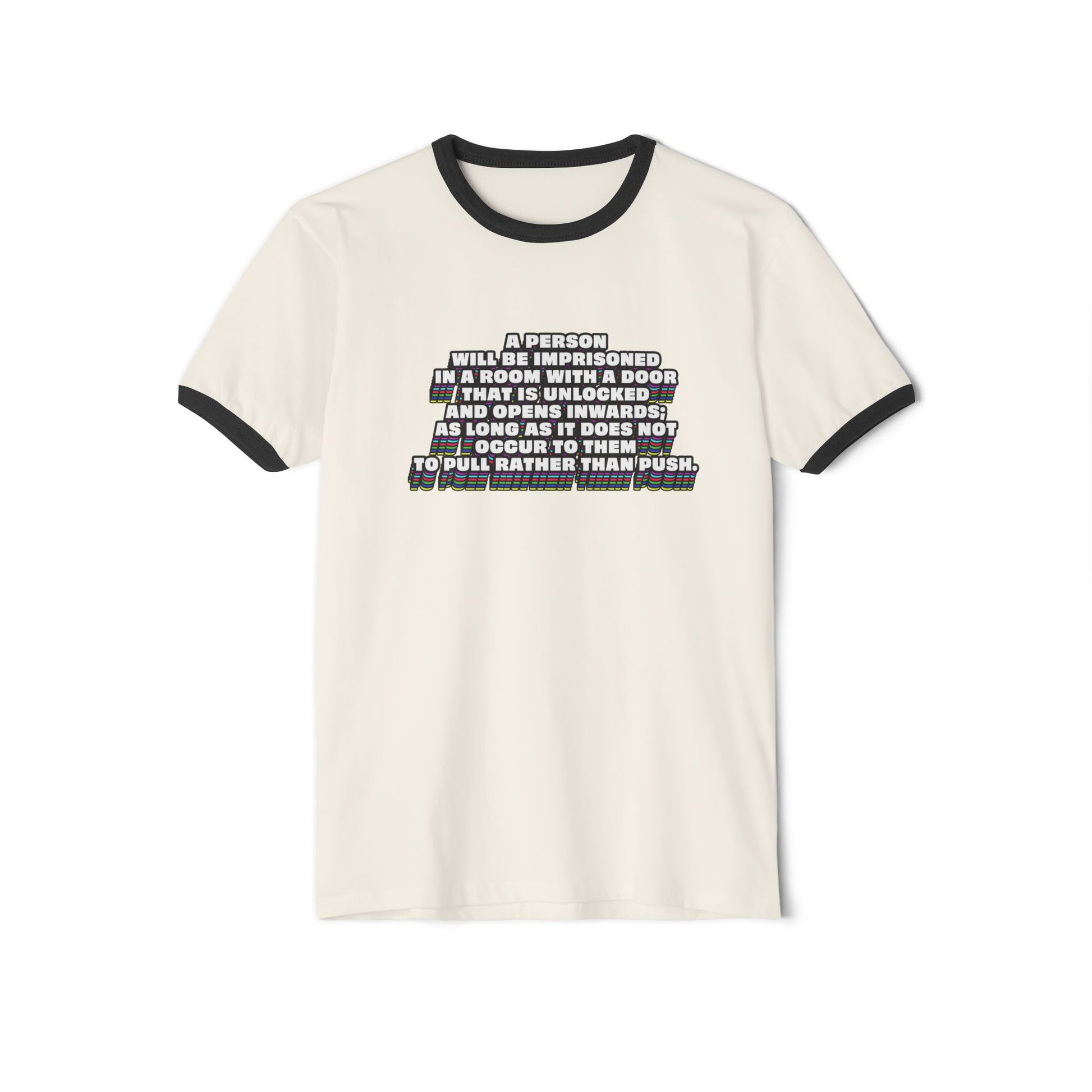Cream Clever Quote Unisex T-Shirt flat lay with contrasting black collar