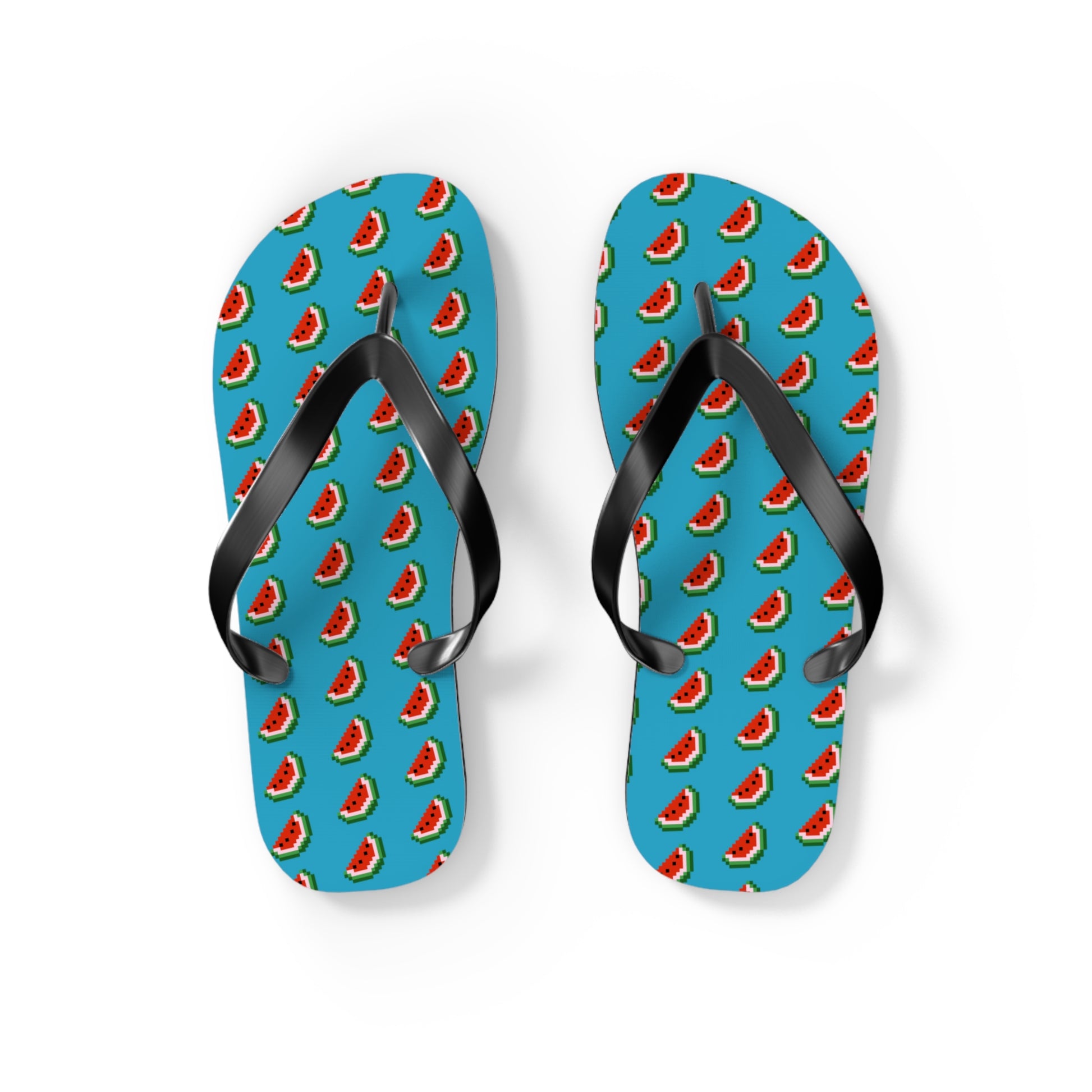 Flip-flops with 8 bit watermelon pattern on a blue background