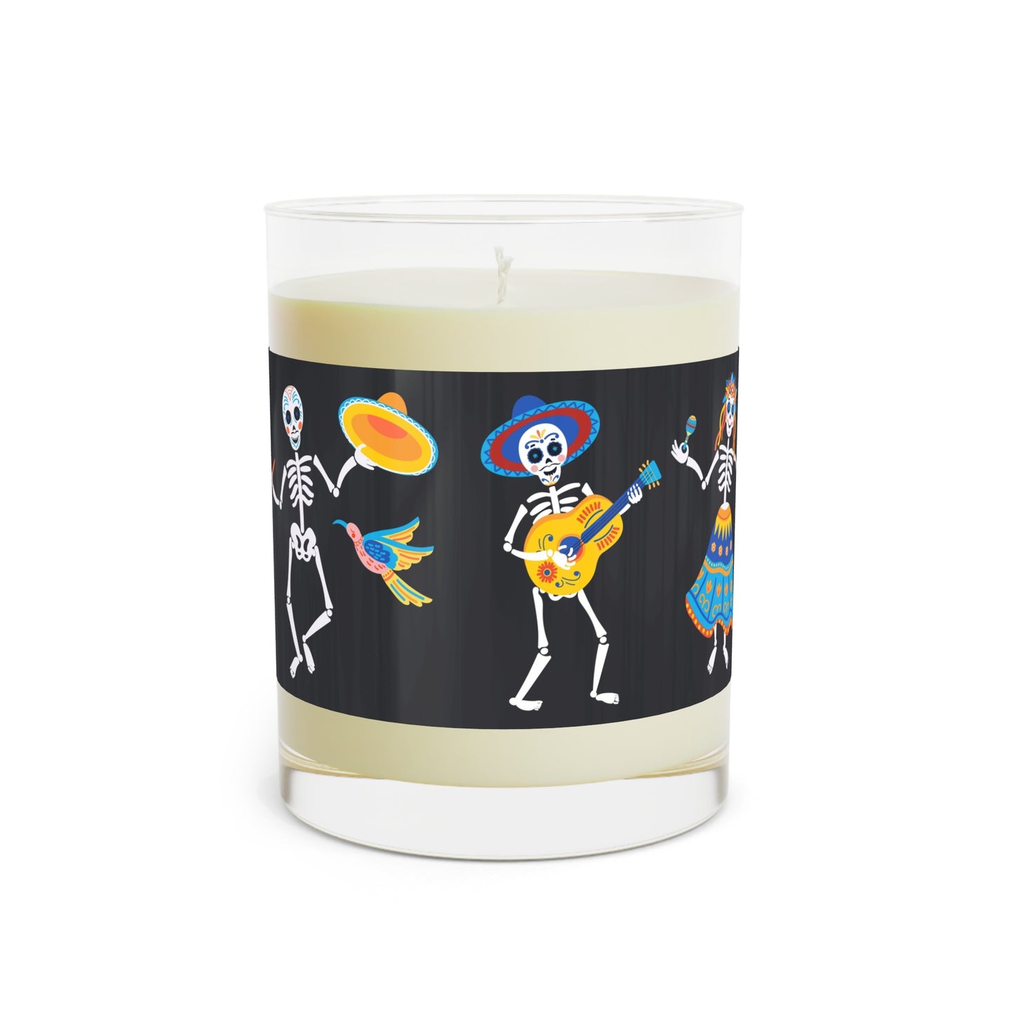 Dancing Skeletons Sage Lavender Candle close-up with flame and glass reflection