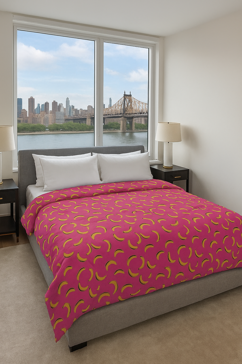 Banana print comforter displayed on bed in high-rise apartment with city view