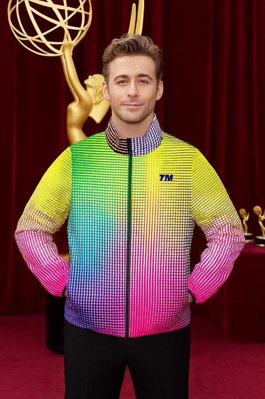 Model wearing Electric Rainbow Men’s Puffer Jacket with vibrant multicolor gradient design standing on red carpet with Emmy award statue in background