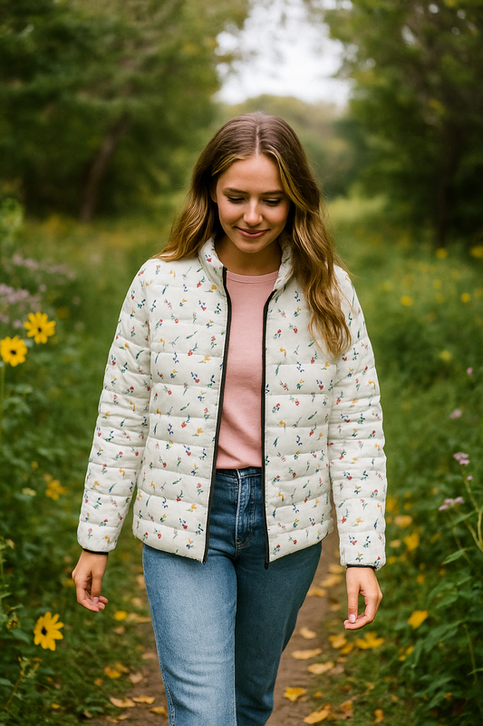 Young woman walking outdoors in a floral print Women’s Wild Flowers Puffer Jacket paired with jeans, surrounded by greenery and yellow flowers