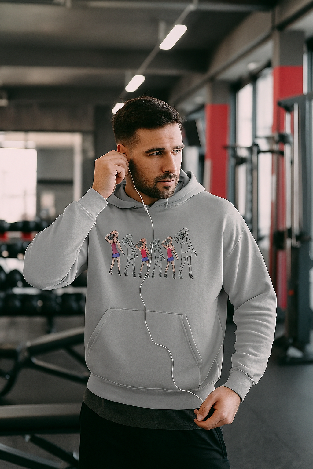 Man working out in the gym wearing gray Gym Rat Men’s NUBLEND hooded sweatshirt