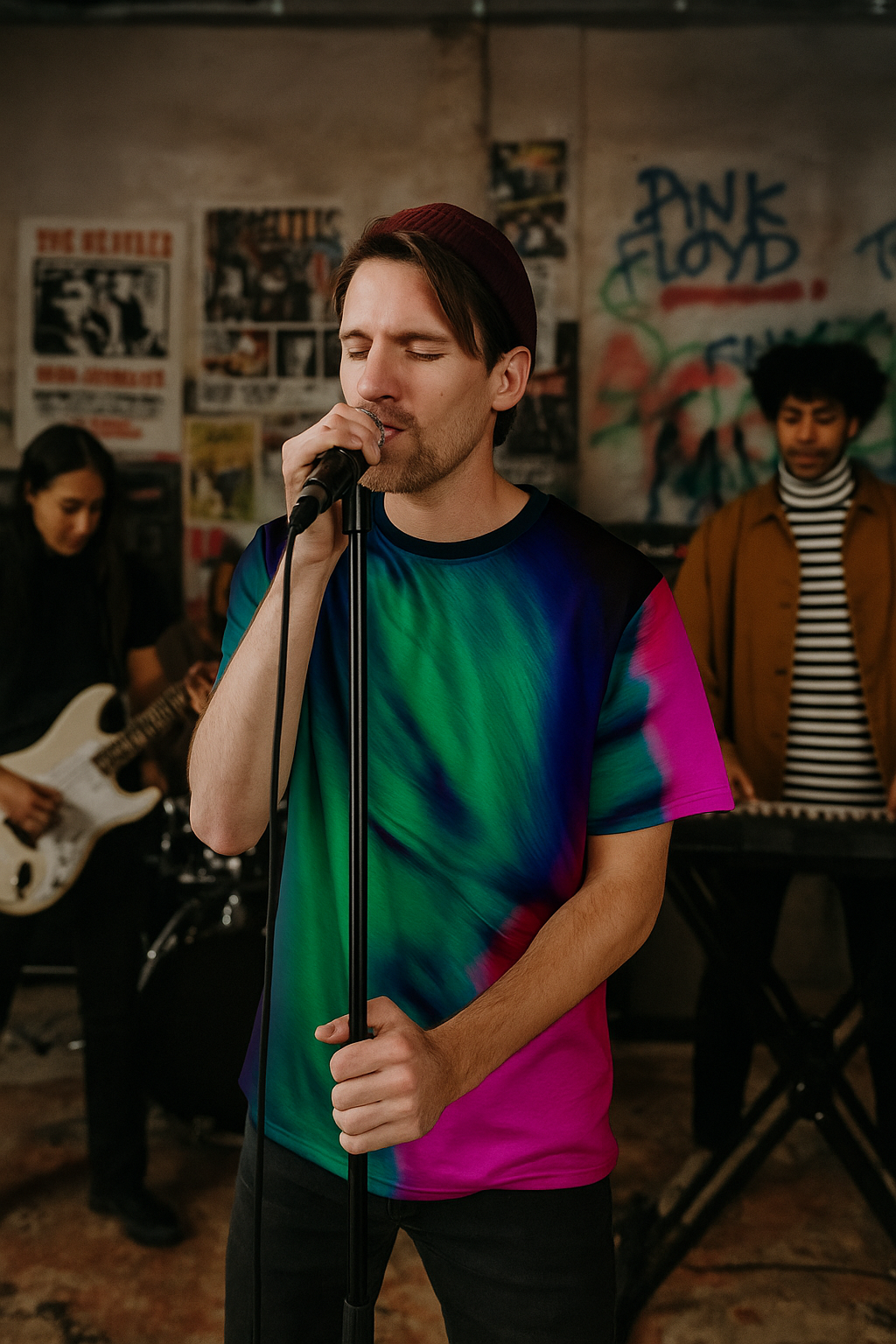 Musician singing into a microphone during a live band rehearsal while wearing the Acid Dream Unisex T-Shirt by Tantrum Media Store, with guitarist and keyboardist performing in the background.