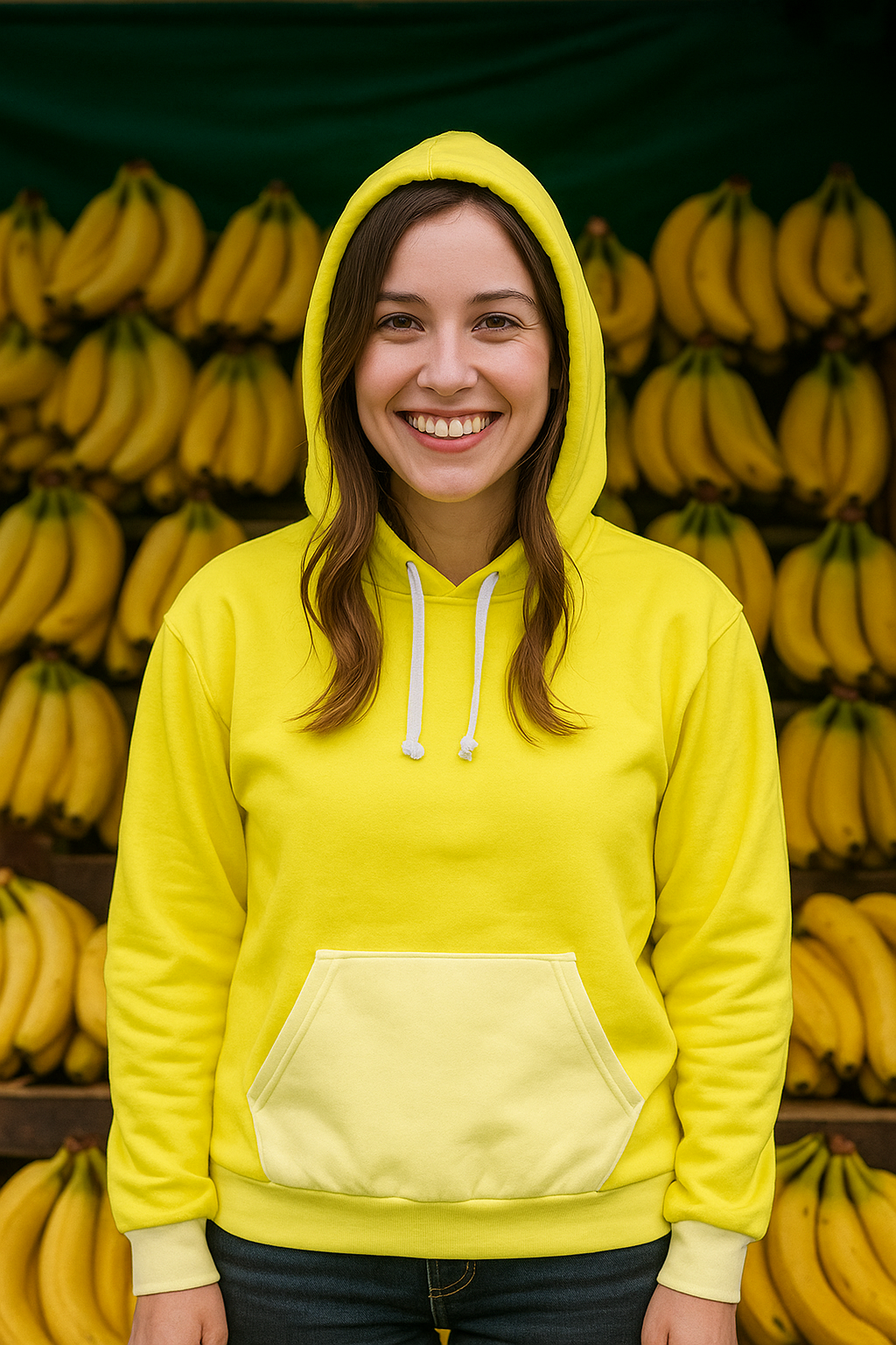 Smiling woman wearing Banana Unisex Hoodie in bright yellow with white drawstrings standing in front of a vibrant display of fresh bananas