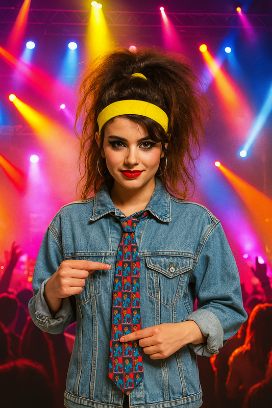 A woman wearing a Nick Rhodes Unisex Necktie with a denim jacket and yellow headband, standing under colorful stage lights at a live music event.