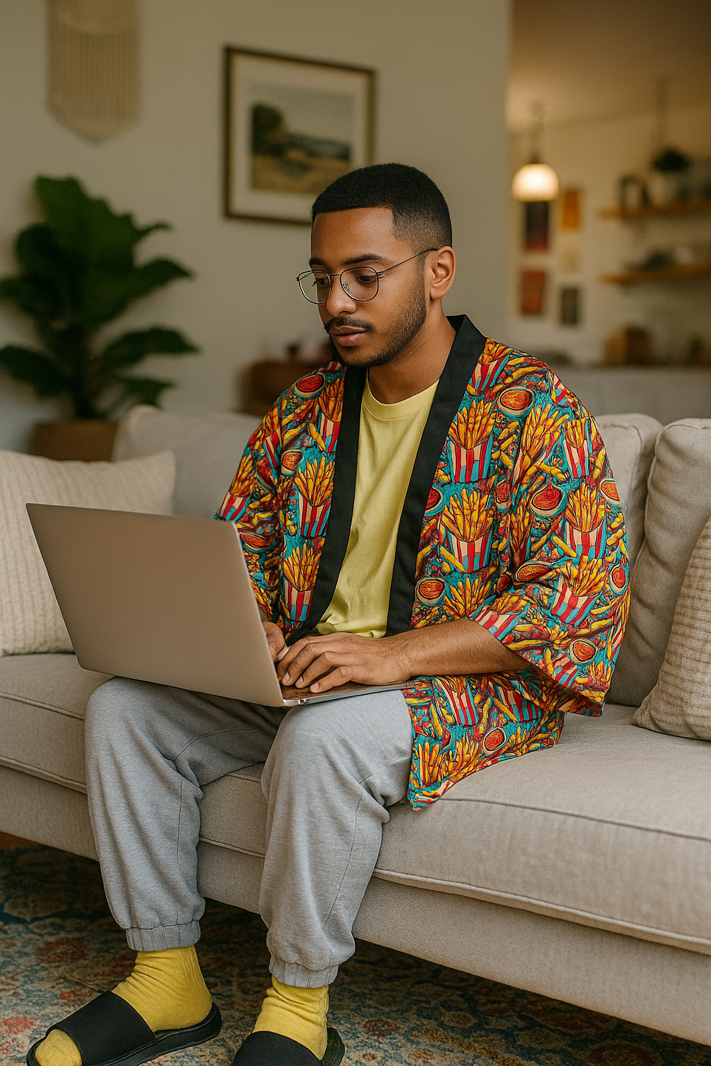 Man using a laptop on a couch in a living room wearing a French fries pattern kimono