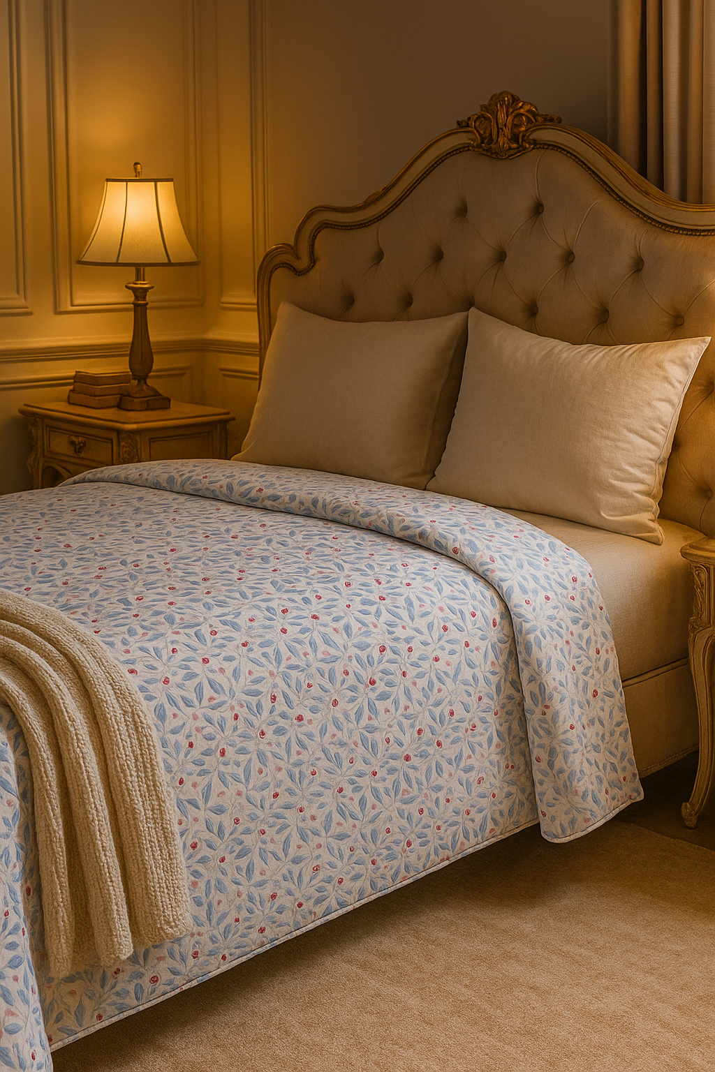 Decorative bed with floral bedding and beige pillows in a warm-toned bedroom.