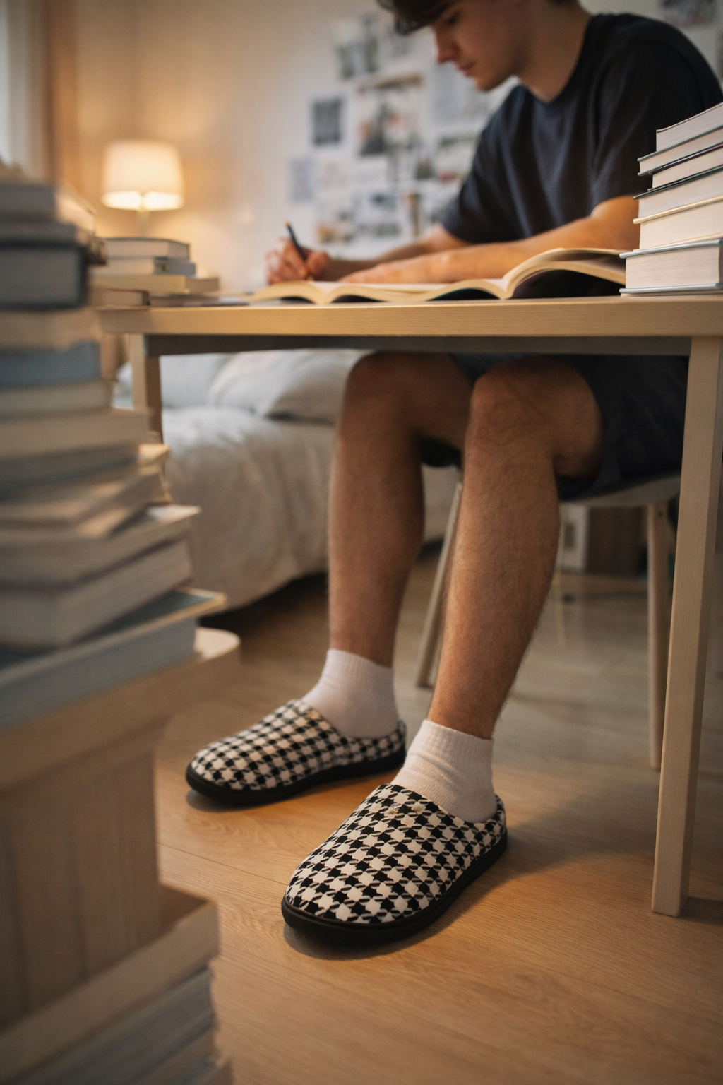Pied de Poule Men’s Slippers worn indoors near bed