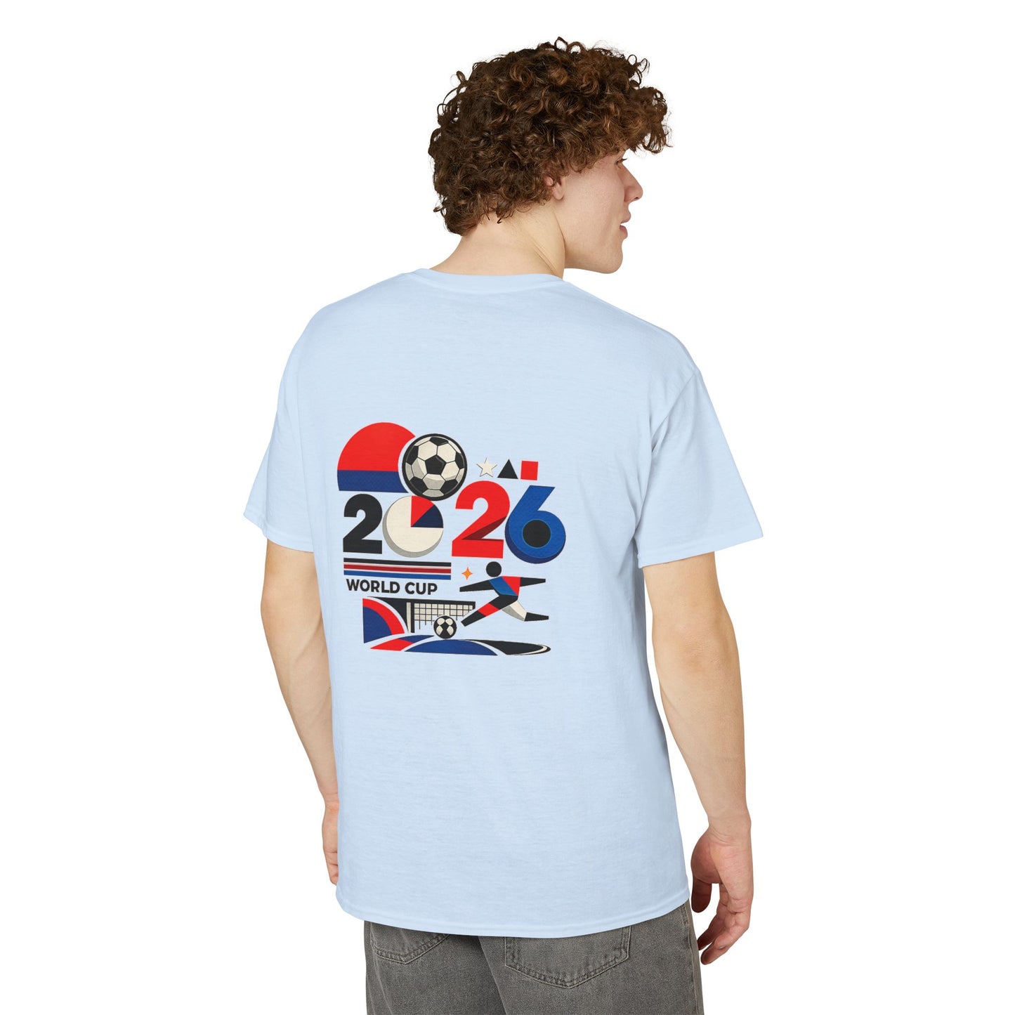 Male model wearing the light blue 2026 World Cup retro football T-shirt from the back.