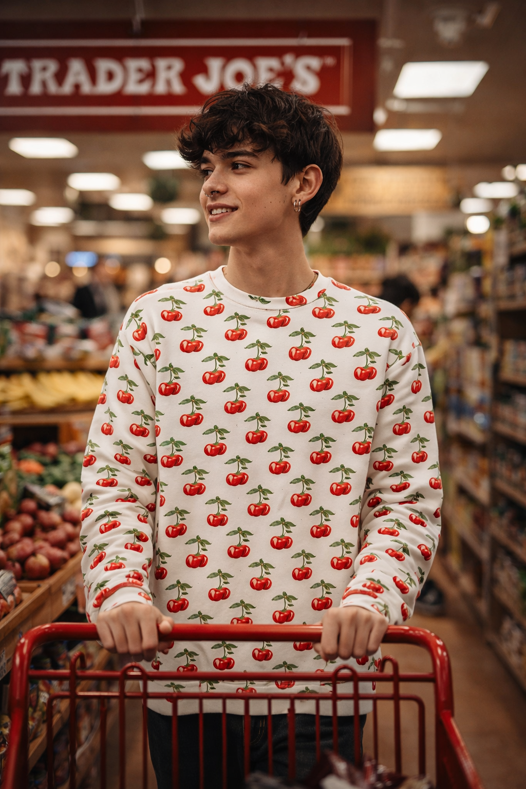 Model wearing the Sweet Cherry Unisex Sweatshirt while shopping, showing casual everyday styling and unisex fit