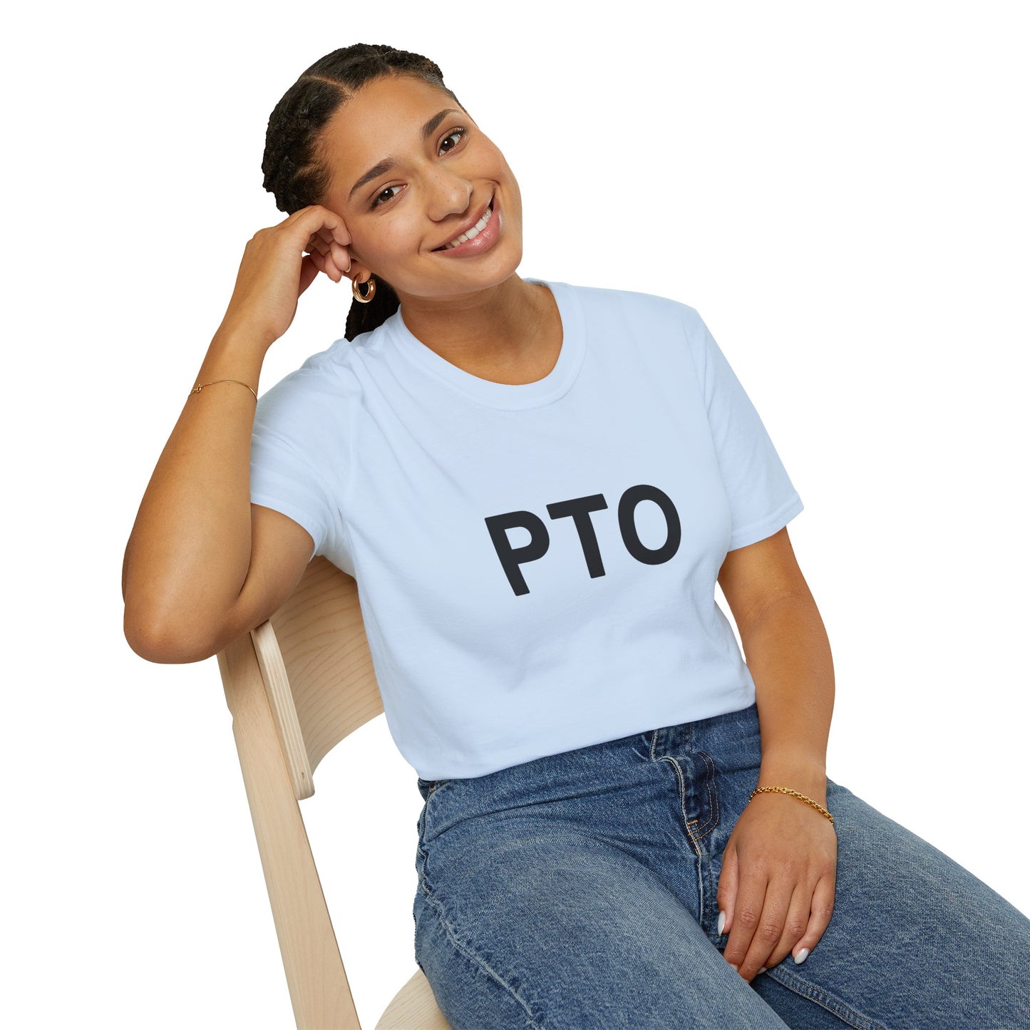 Person wearing a light blue t-shirt with 'PTO' text, sitting on a chair against a white background