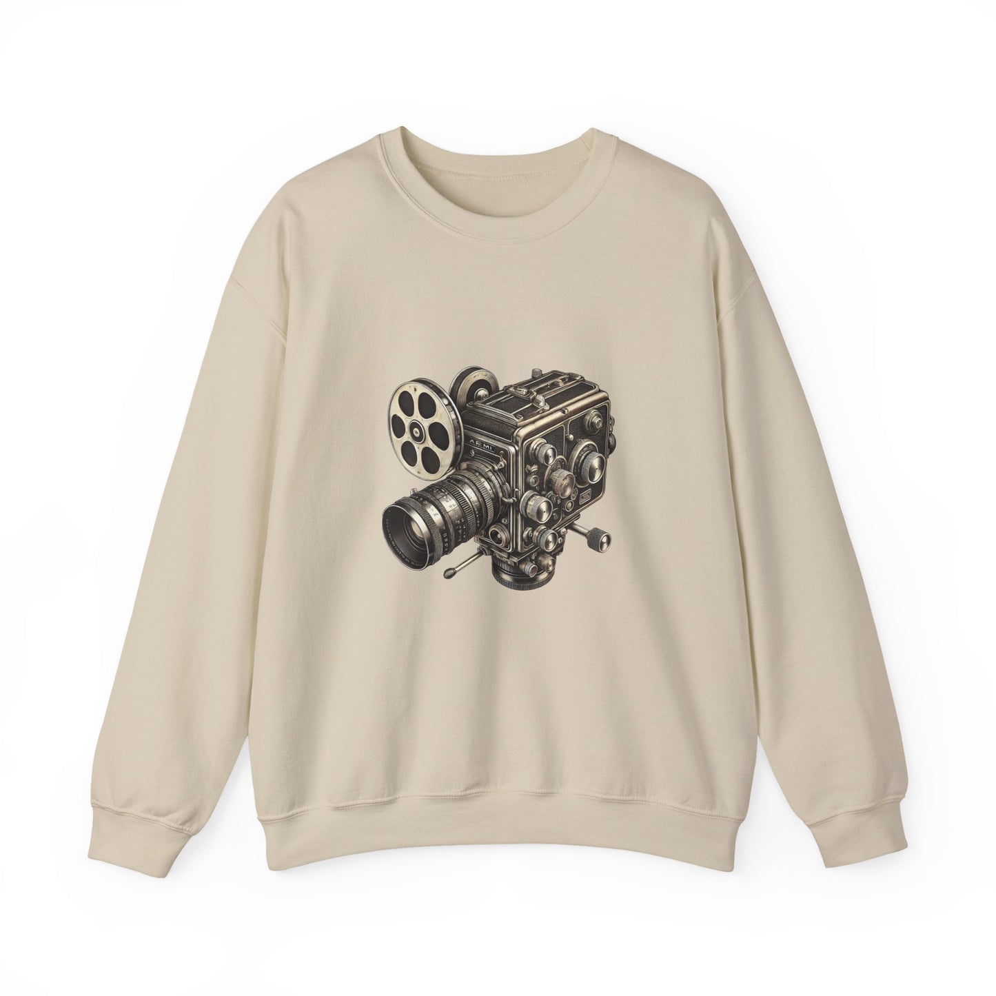 Front view of beige Film Camera Sweatshirt with film camera illustration.