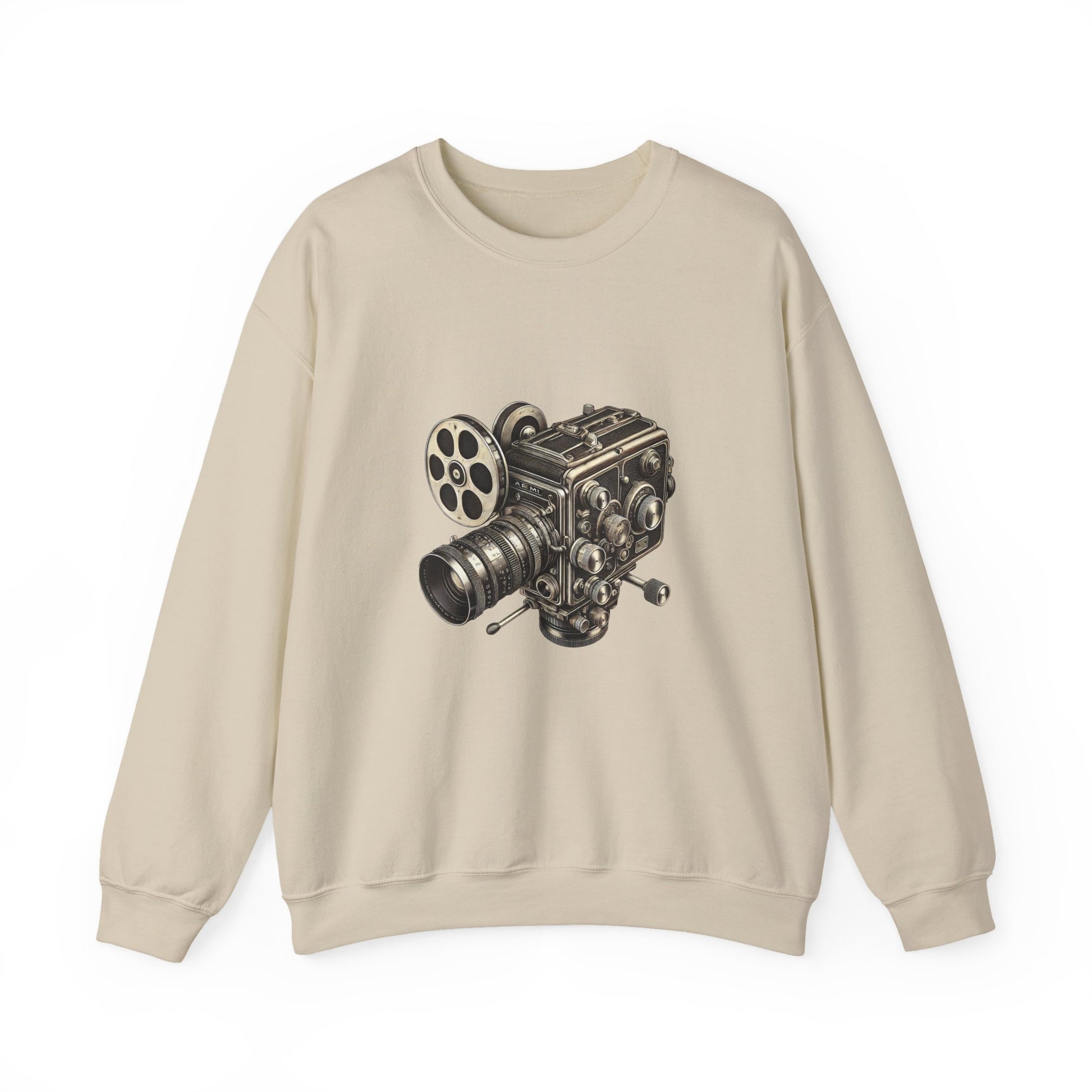 Front view of beige Film Camera Sweatshirt with film camera illustration.