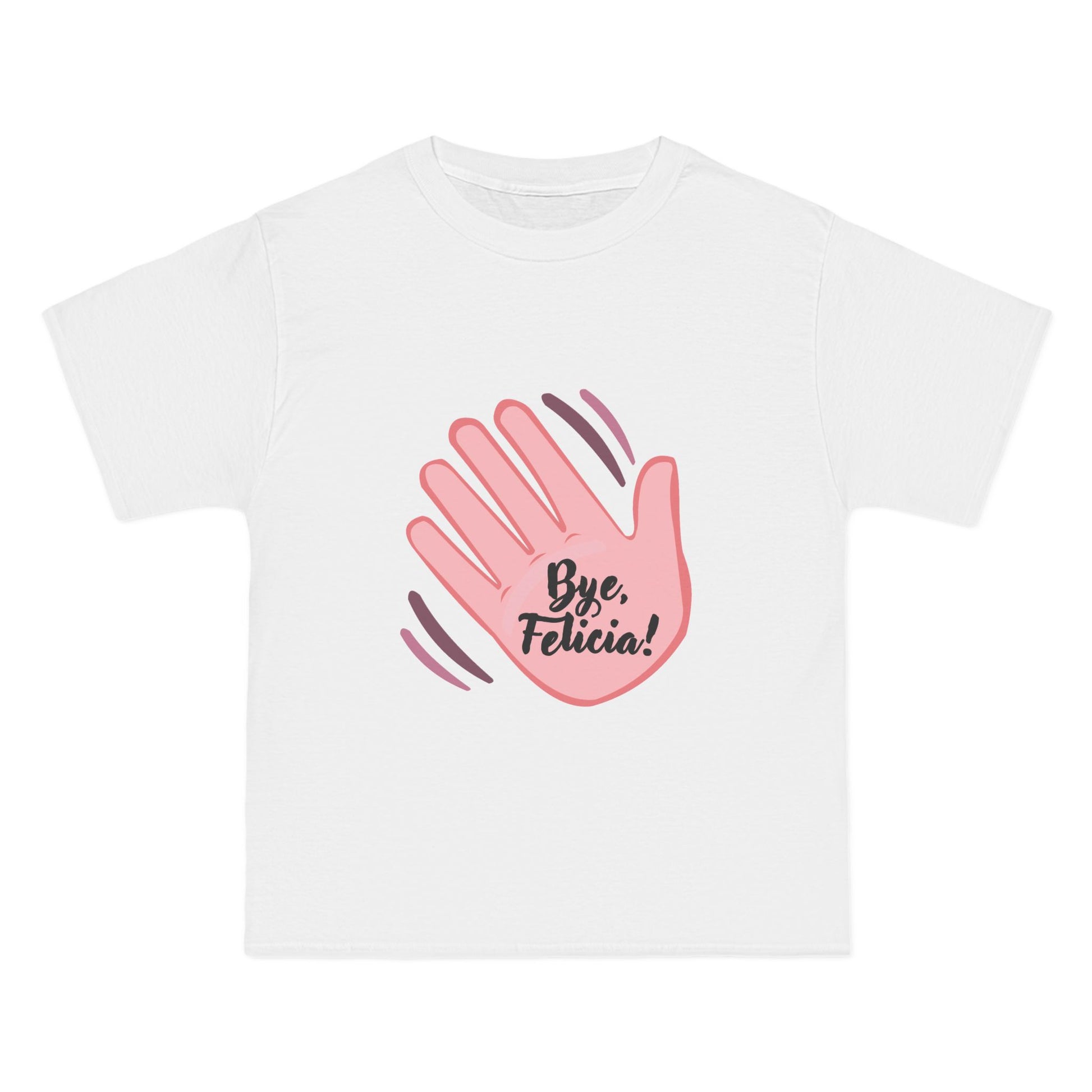Flat lay white Bye Felicia T-Shirt with pink hand graphic
