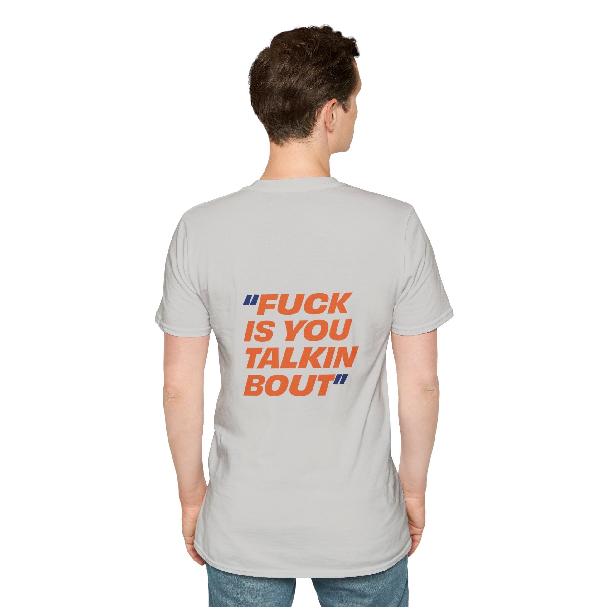 Man wearing light gray t-shirt showing large printed statement on the back