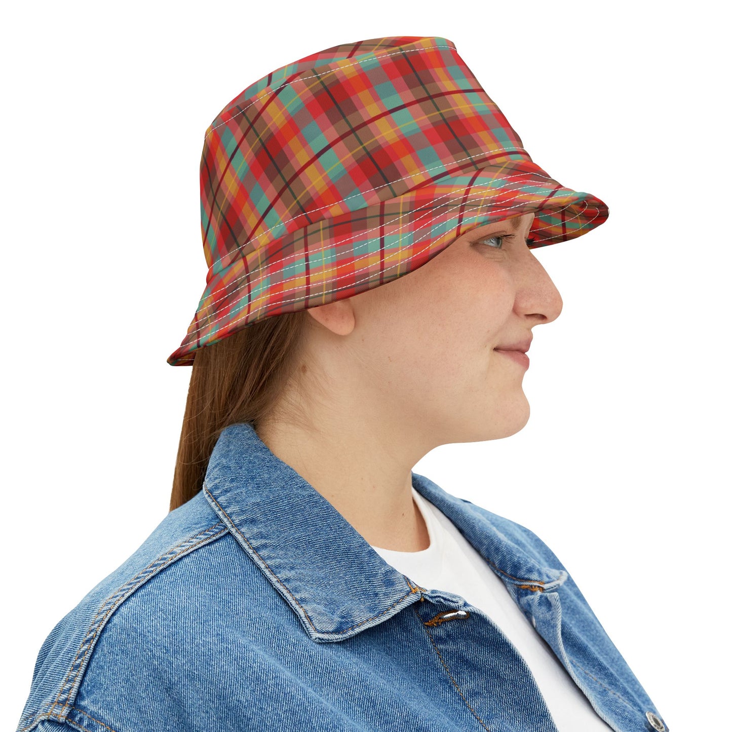 Red Plaid Bucket Hat worn by female model side view