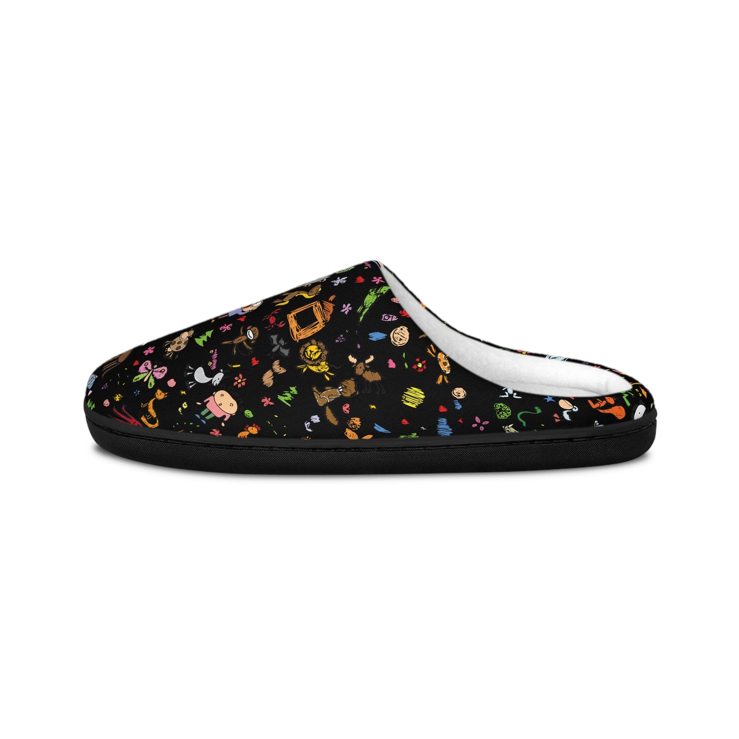 Alternate side angle of Women’s Cartoon Cozy Slippers showing the curved design, plush interior, and vibrant cartoon-themed print.