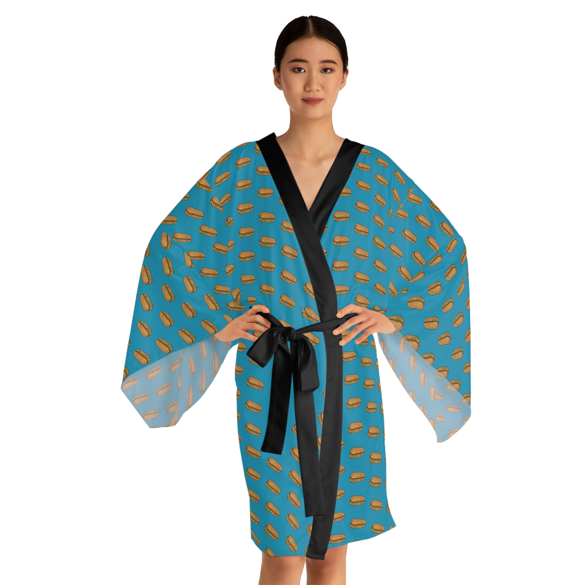 A stylish satin kimono robe with a vibrant blue background featuring a chopped cheese sandwich print, complemented by a sleek black trim and adjustable waist tie.