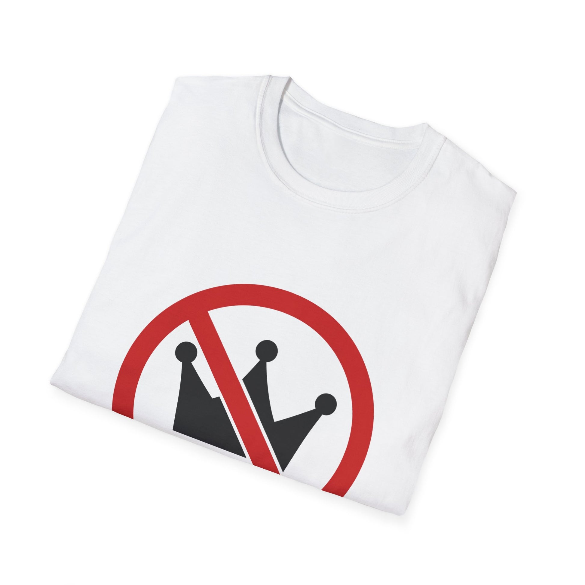 White t-shirt with a red and black symbol on a white background