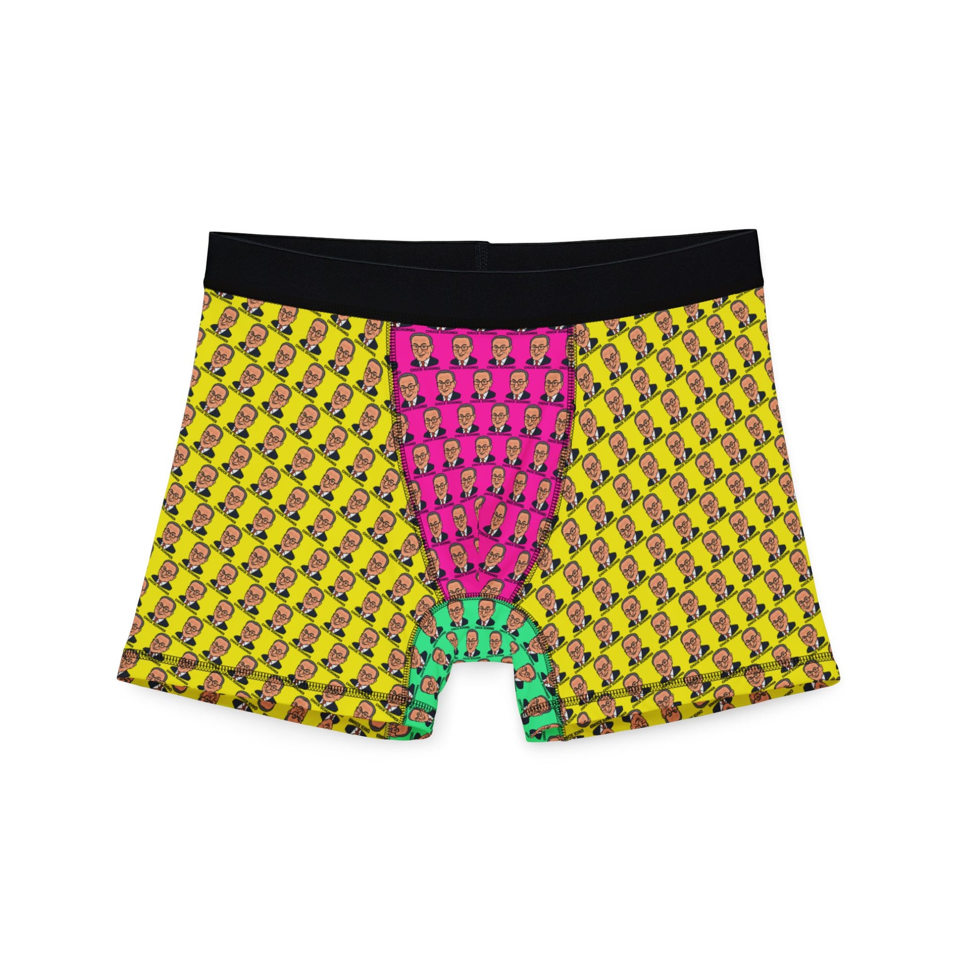Front view of Chuck Schumer boxer briefs with yellow, pink, and teal face pattern, laid flat