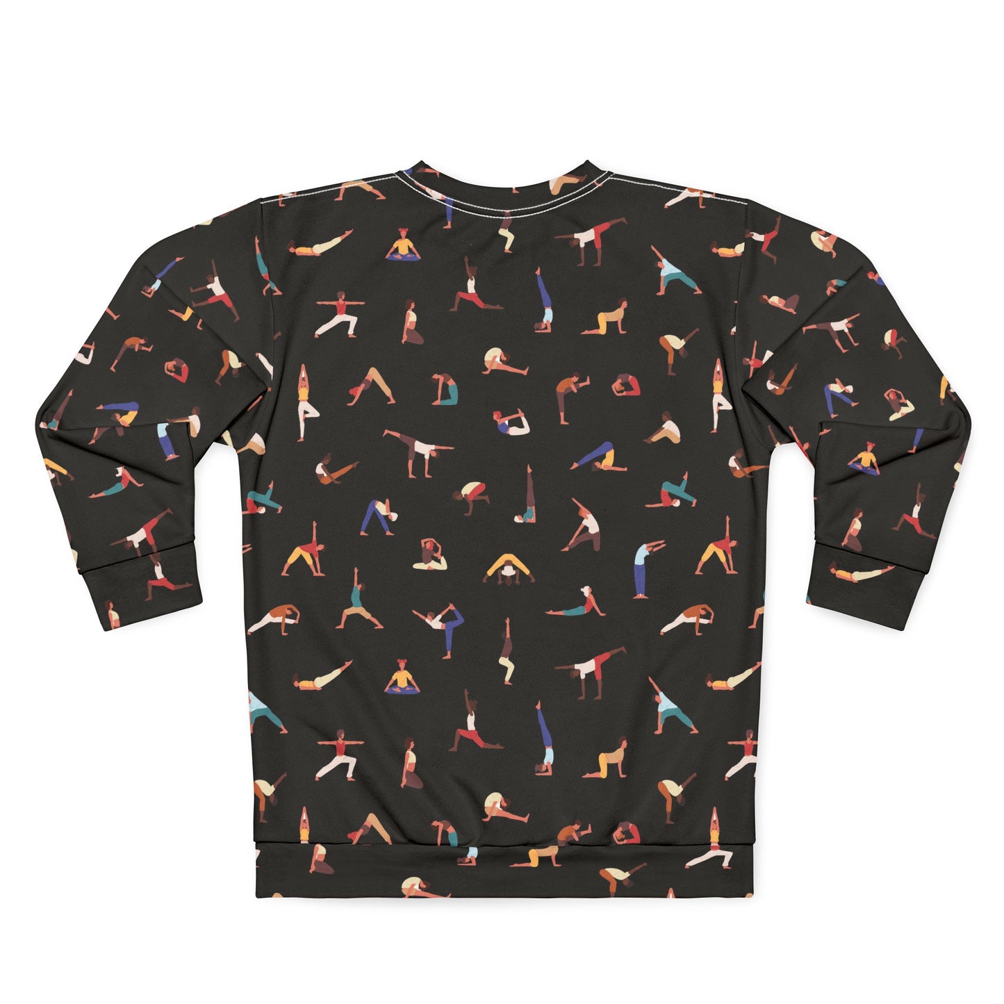 Back view of Yogini Sweatshirt Black showcasing full all-over yoga design