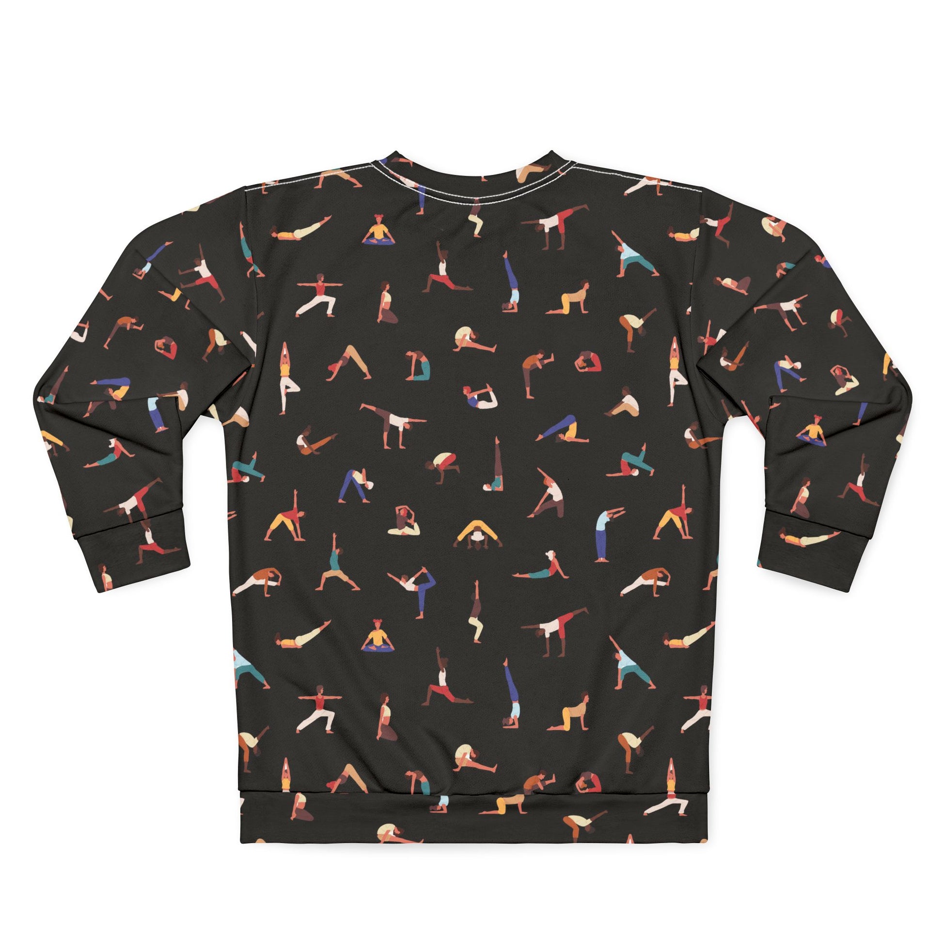 Back view of Yogini Sweatshirt Black showcasing full all-over yoga design