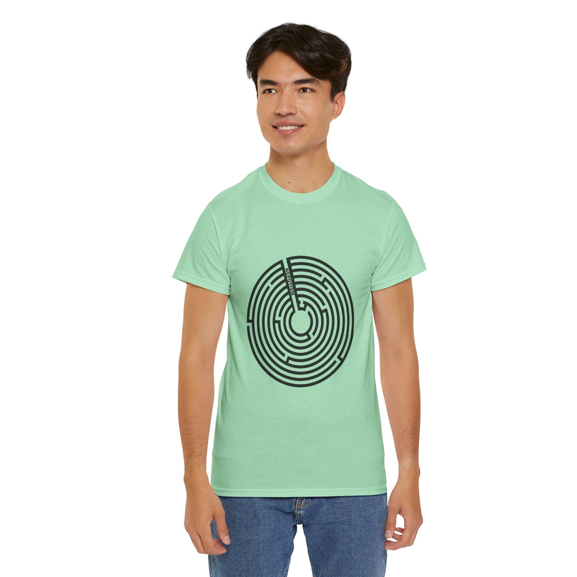 Male model in light green Nepo T-Shirt with maze circle design