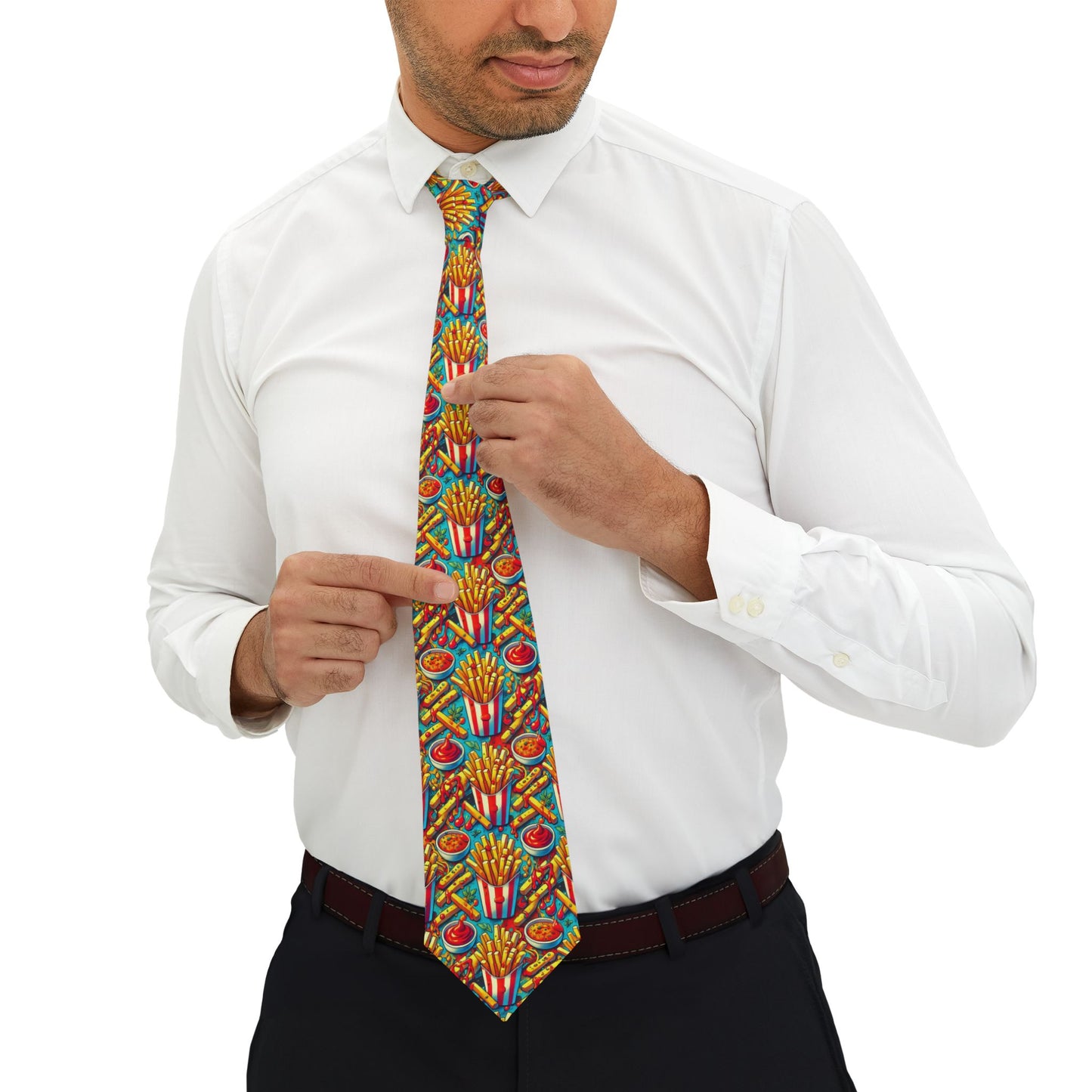 Fries Necktie featuring a vibrant print of crispy French fries, ketchup, and fast-food elements, perfect for food lovers and quirky fashion enthusiasts.