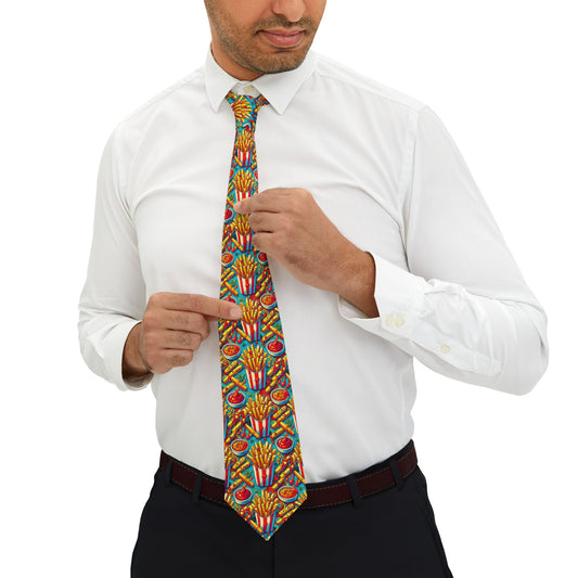 Fries Necktie featuring a vibrant print of crispy French fries, ketchup, and fast-food elements, perfect for food lovers and quirky fashion enthusiasts.