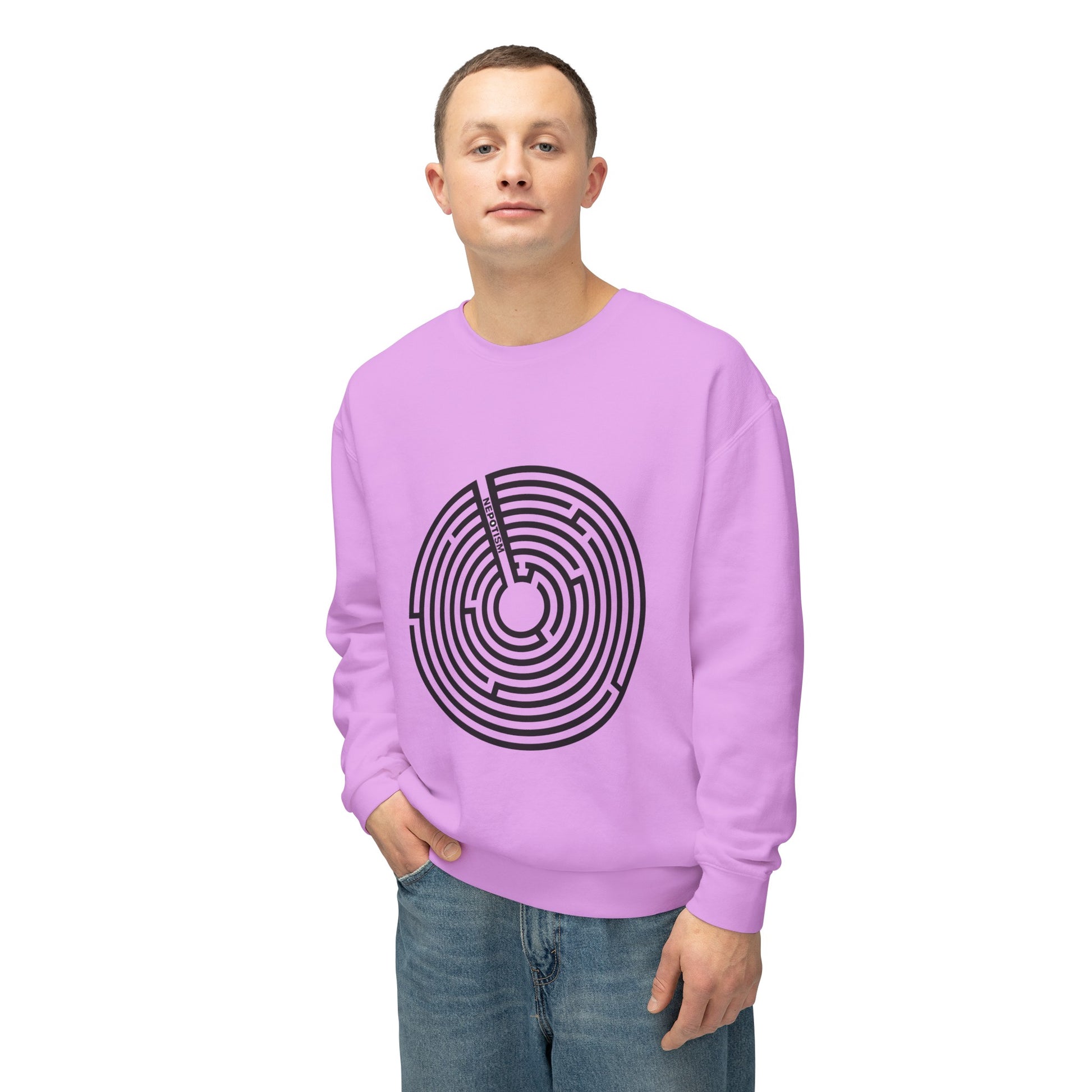 Man wearing lavender Nepo Sweatshirt with black spiral design
