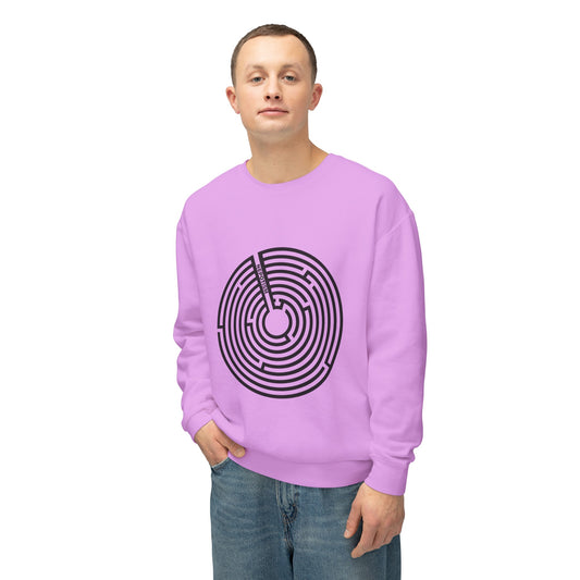Man wearing lavender Nepo Sweatshirt with black spiral design