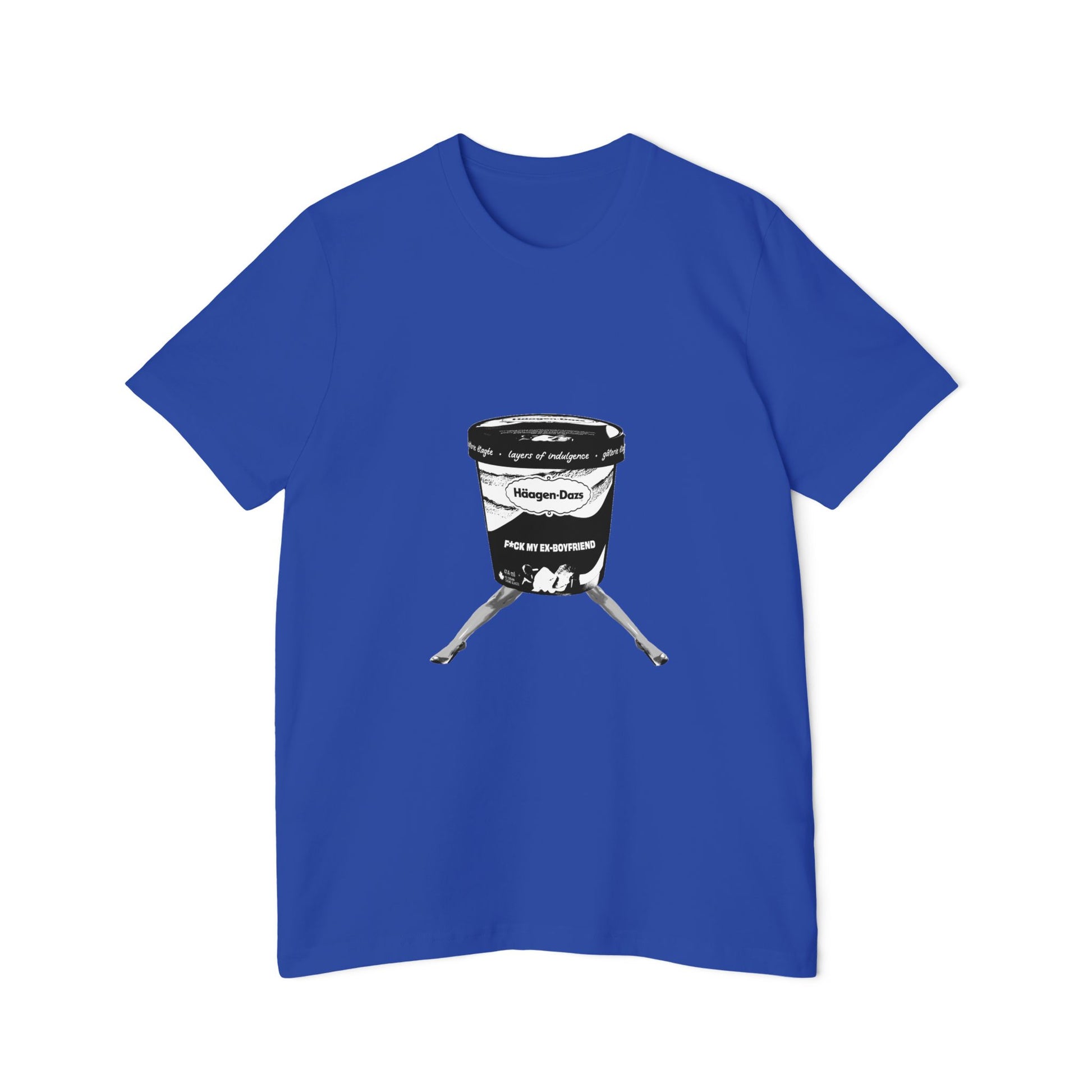 Flat lay of royal blue t-shirt with central sarcastic ice cream print