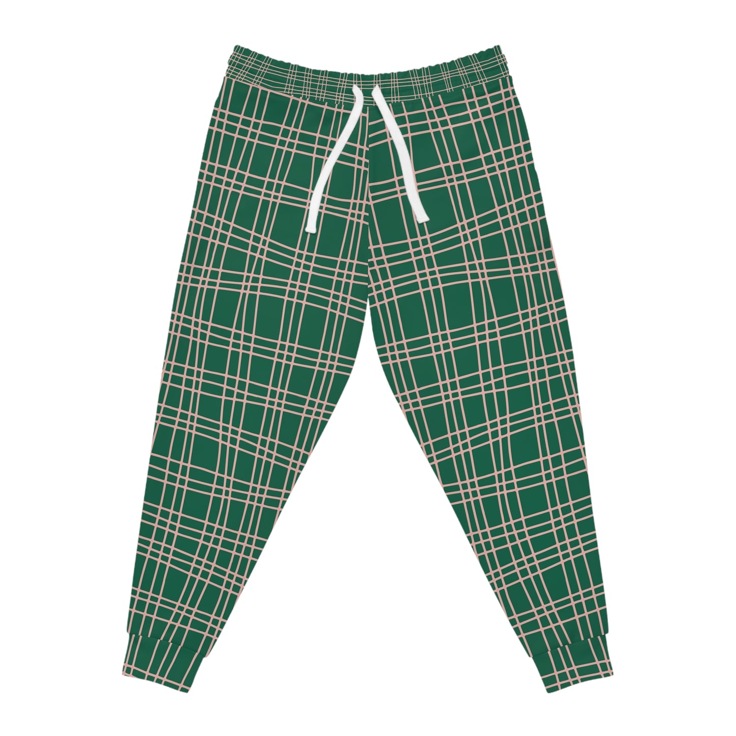 Green Plaid Joggers front view laid flat, featuring drawstring waistband and bold plaid pattern.