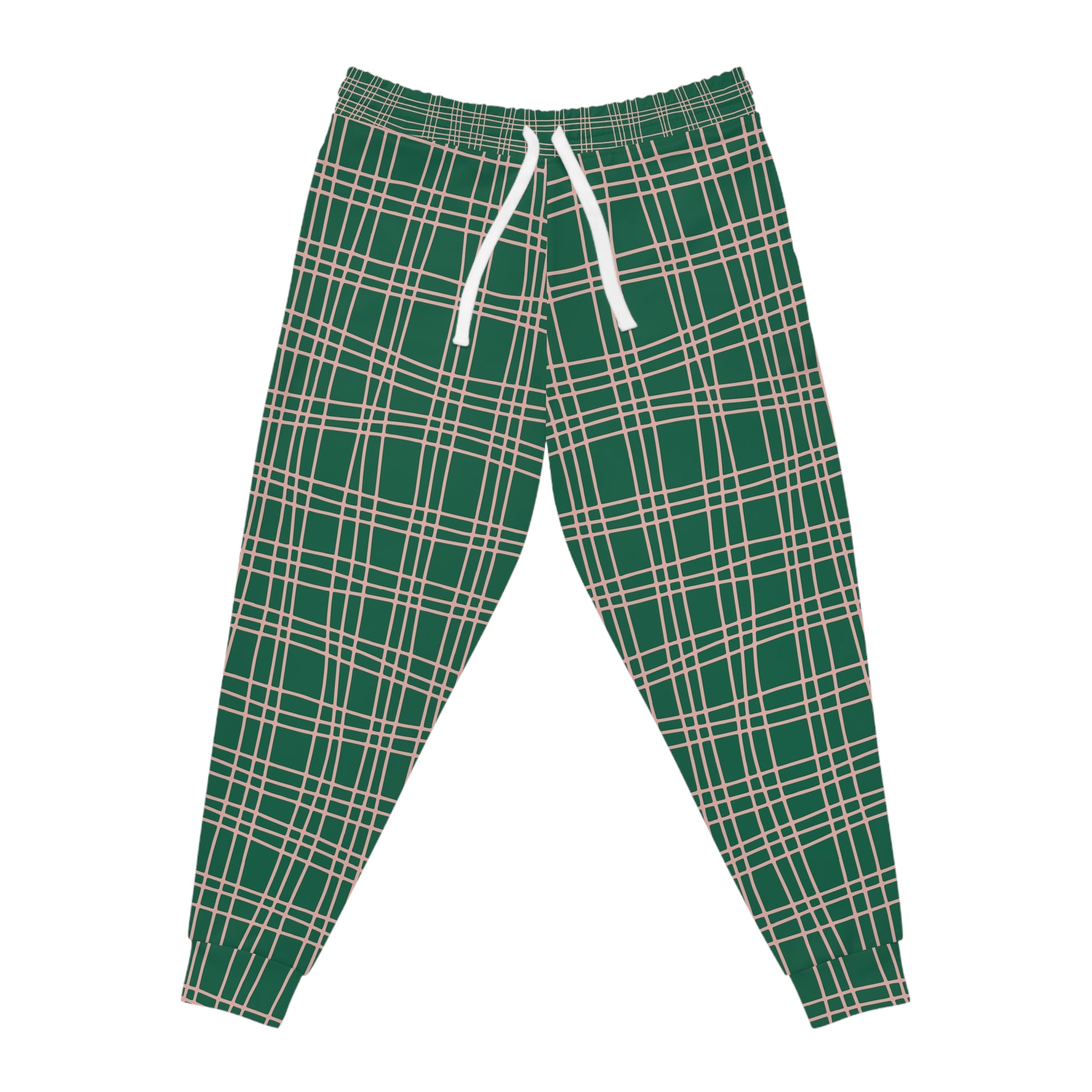 Green Plaid Joggers front view laid flat, featuring drawstring waistband and bold plaid pattern.