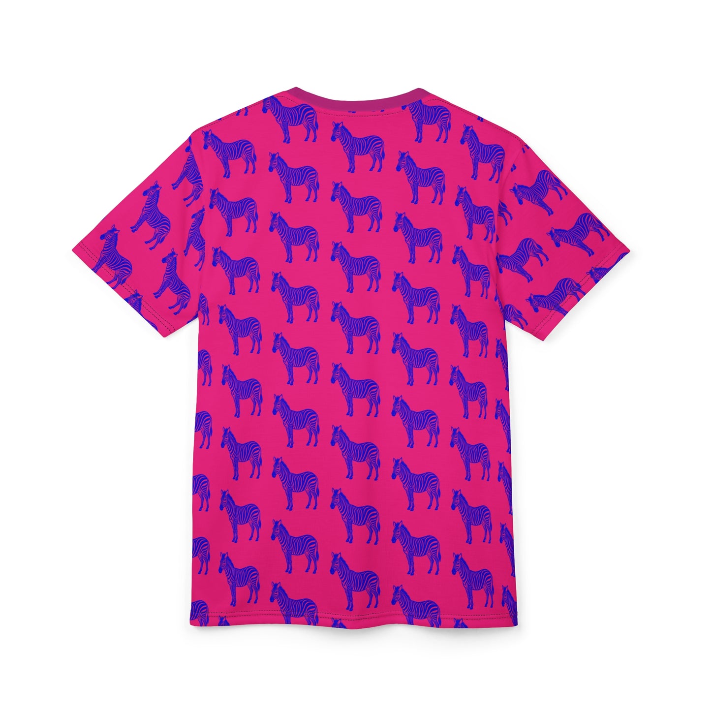 Blue Zebra Unisex T-Shirt flat lay back view showing all-over zebra pattern on bright pink fabric.