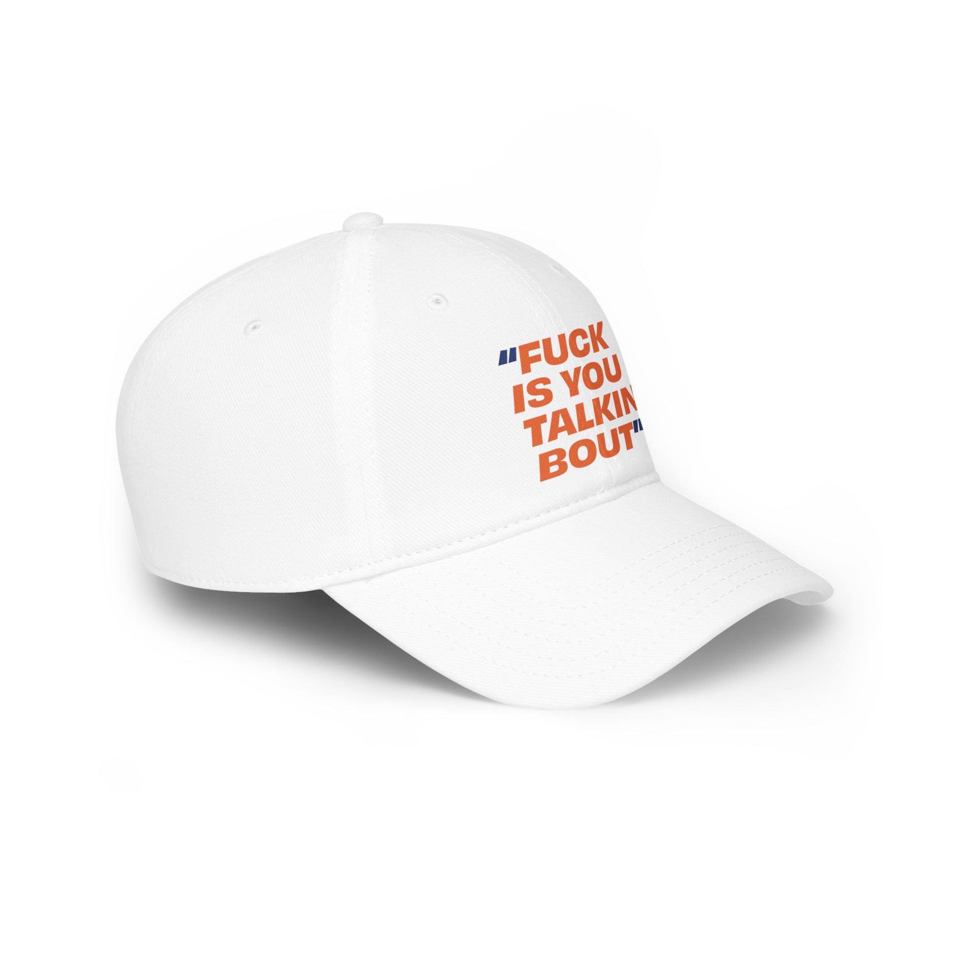 Angled side view of the Fuckisyoutalkinbout embroidered cotton baseball cap inspired by New Yorker slang.