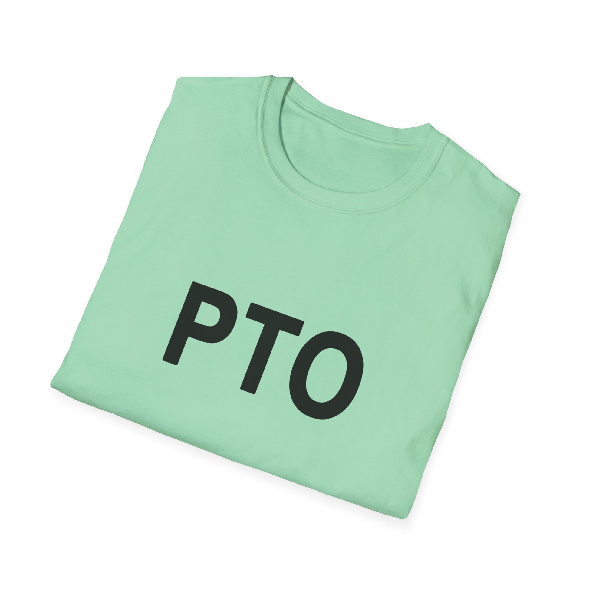 Folded light green t-shirt with 'PTO' text on a white background