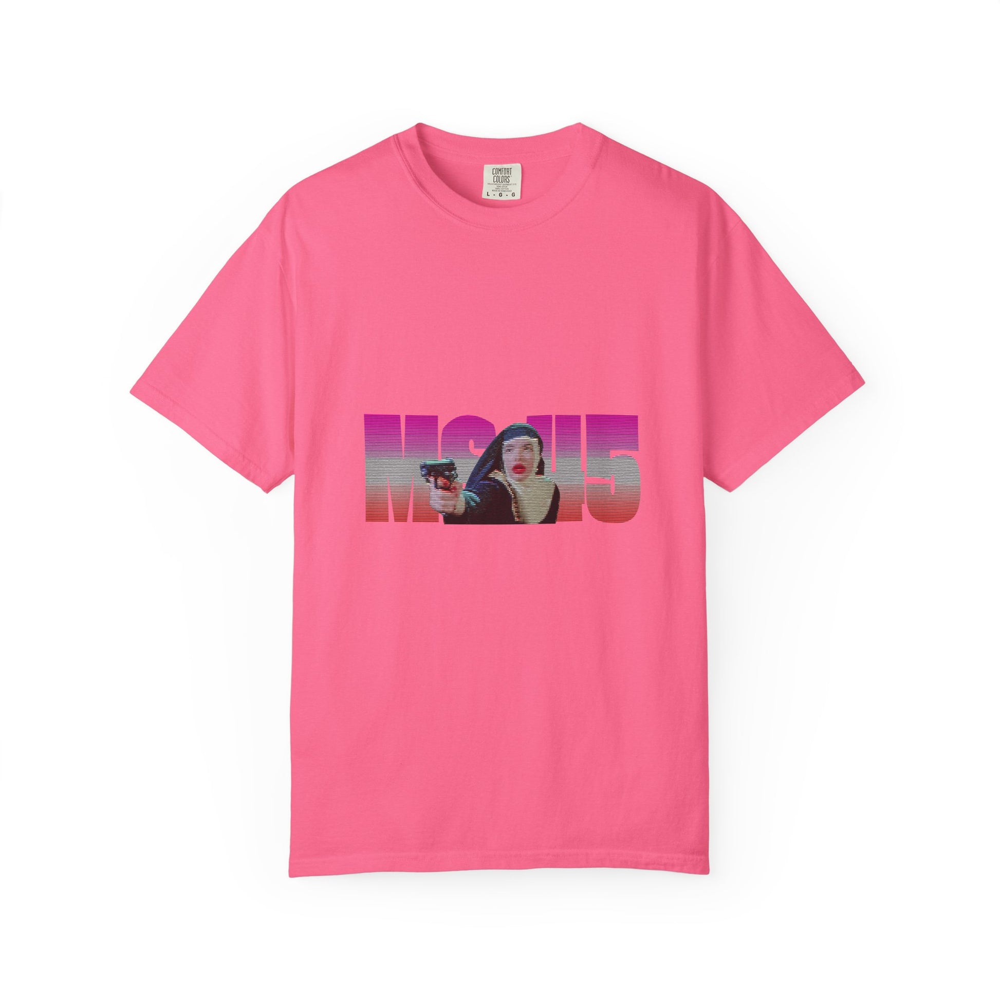 Pink Ms.45 T-Shirt flat lay with Ms.45 movie print
