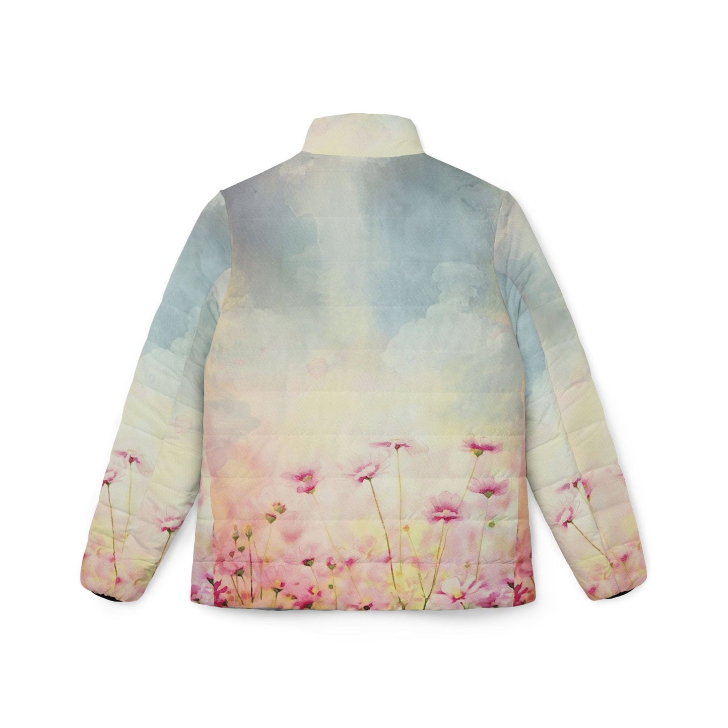 Pink Amapola Women’s Puffer Jacket laid flat with floral design back view