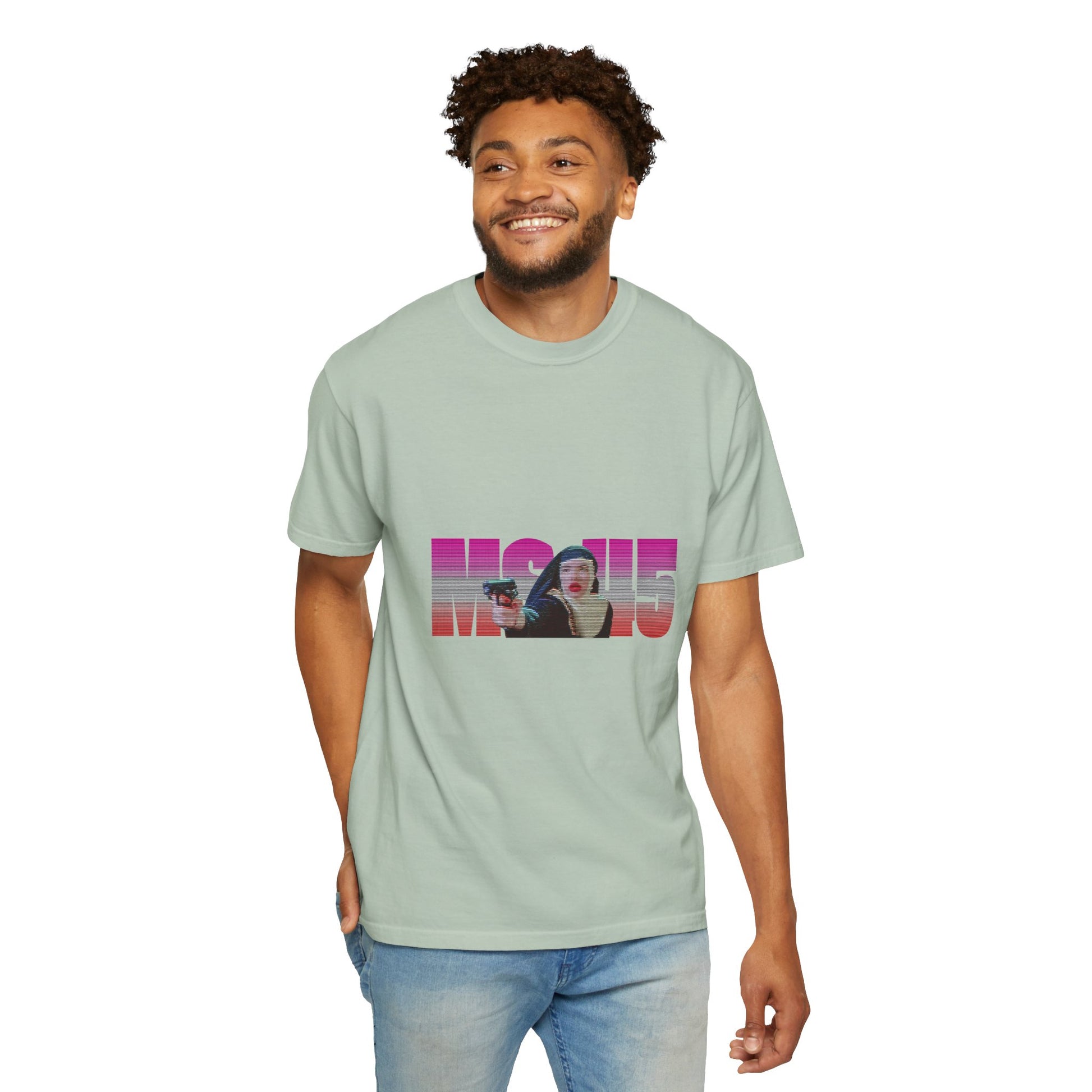 Man wearing sage green Ms.45 T-Shirt full front view