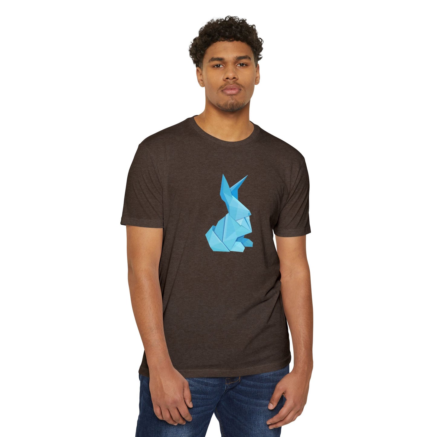 Man wearing brown Origami Bunny T-Shirt with blue origami bunny design, hands at sides.