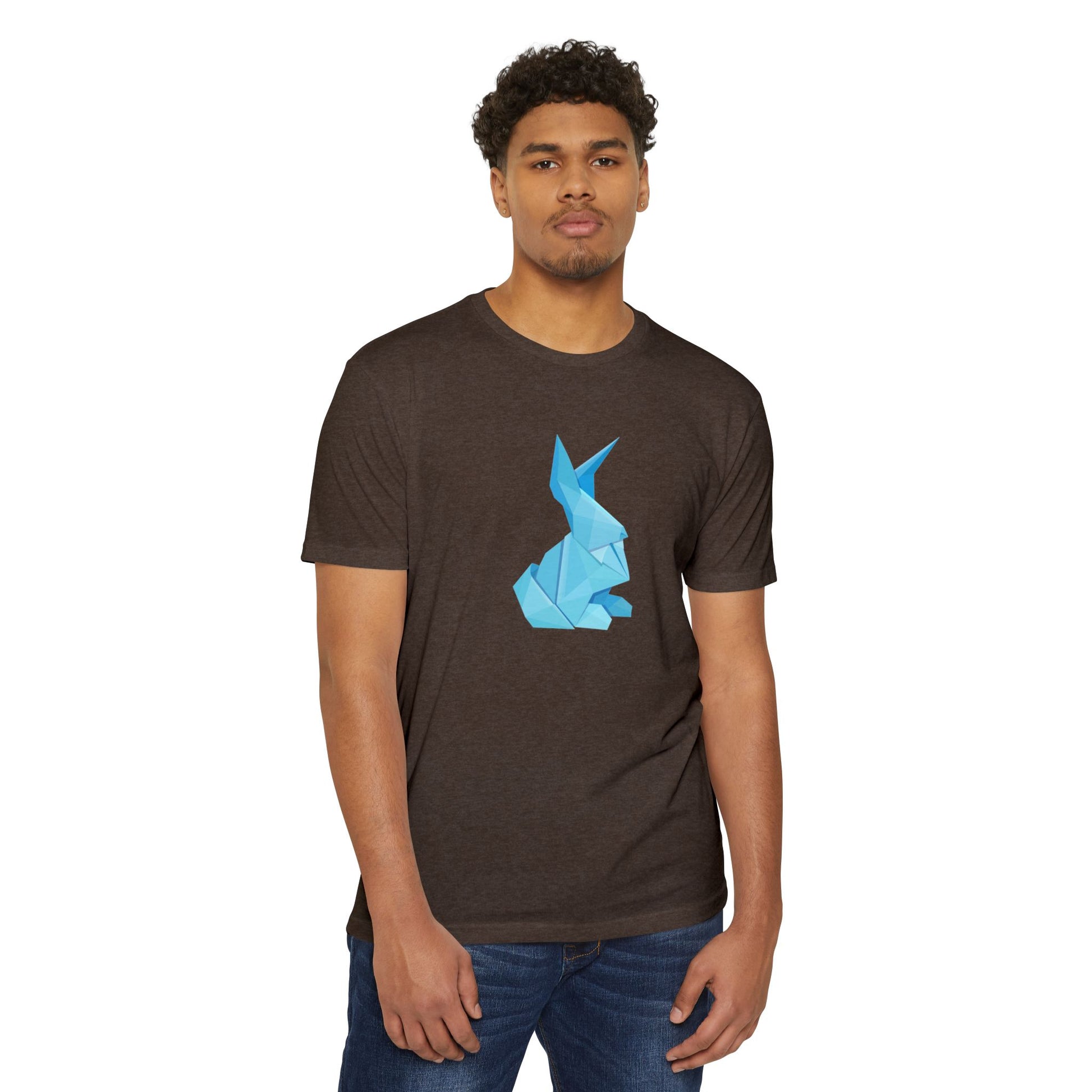 Man wearing brown Origami Bunny T-Shirt with blue origami bunny design, hands at sides.
