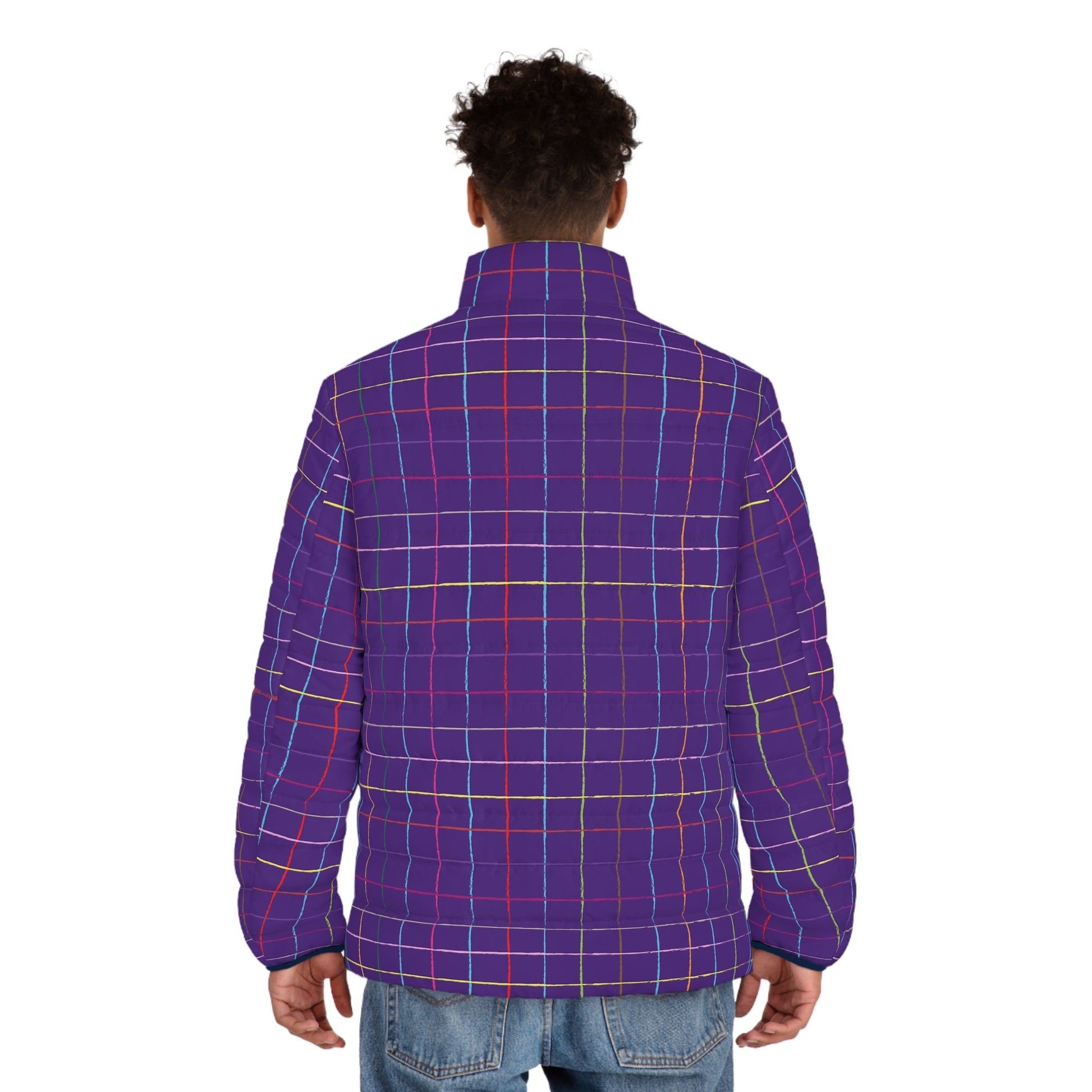 Model wearing Colorful Grid Men’s Puffer Jacket Lightweight Winter Coat back view