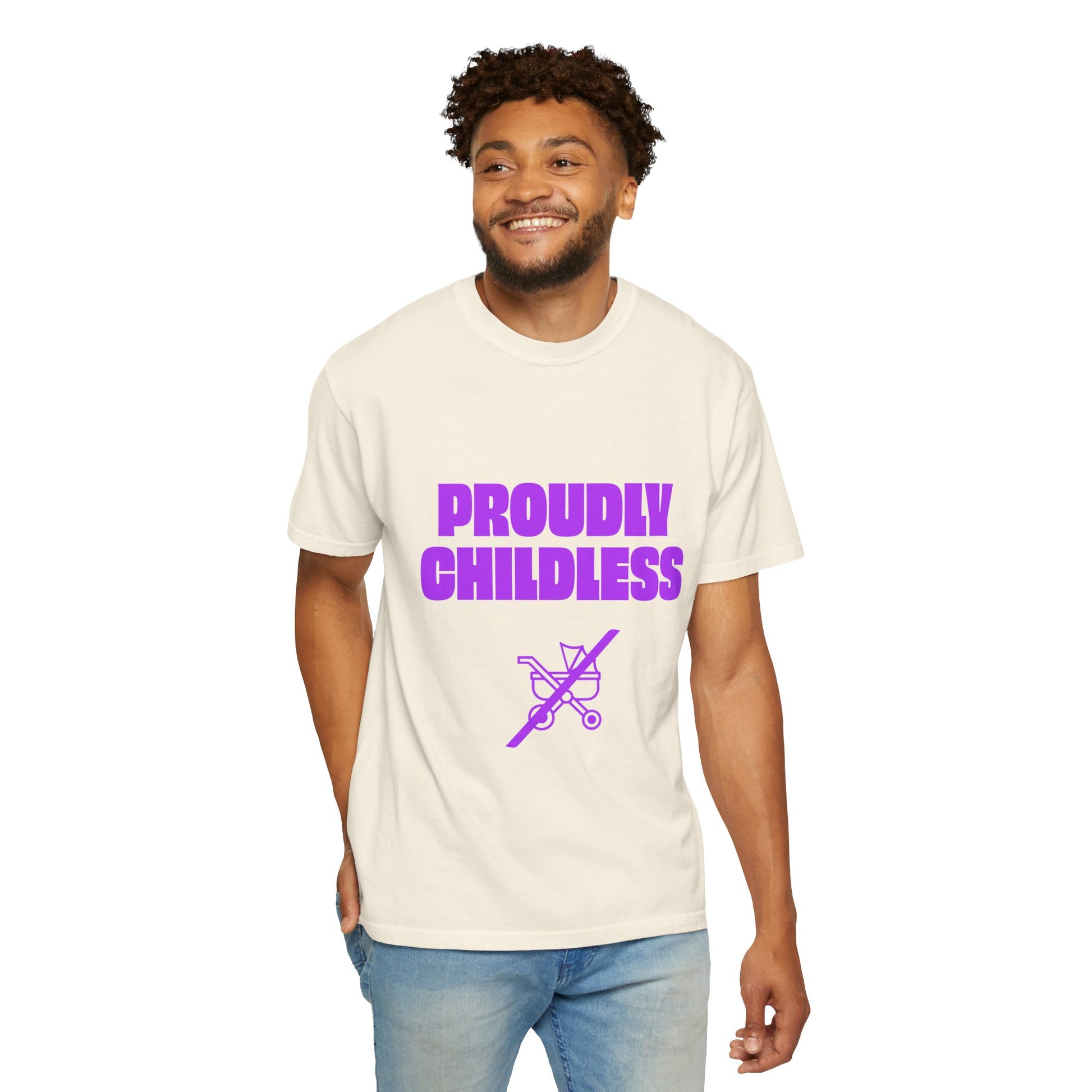 Man smiling in beige Proudly Childless T-Shirt with purple text