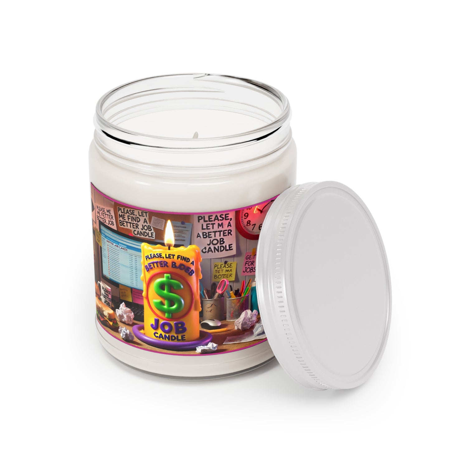 Candle jar with lid beside Please Let Me Find A Better Job label
