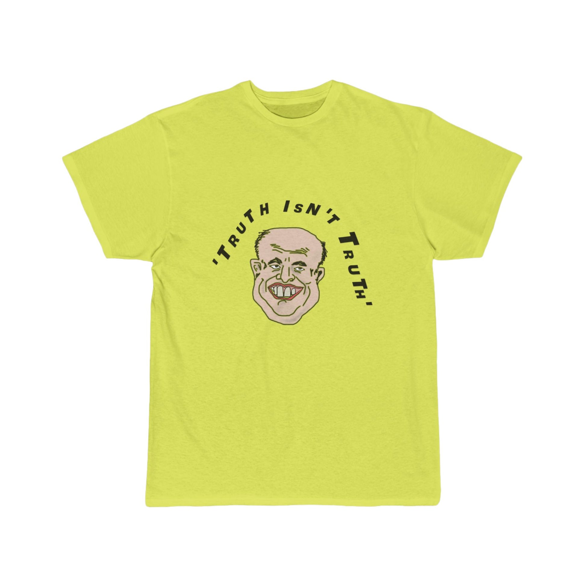 Yellow t-shirt with a graphic and text on a white background