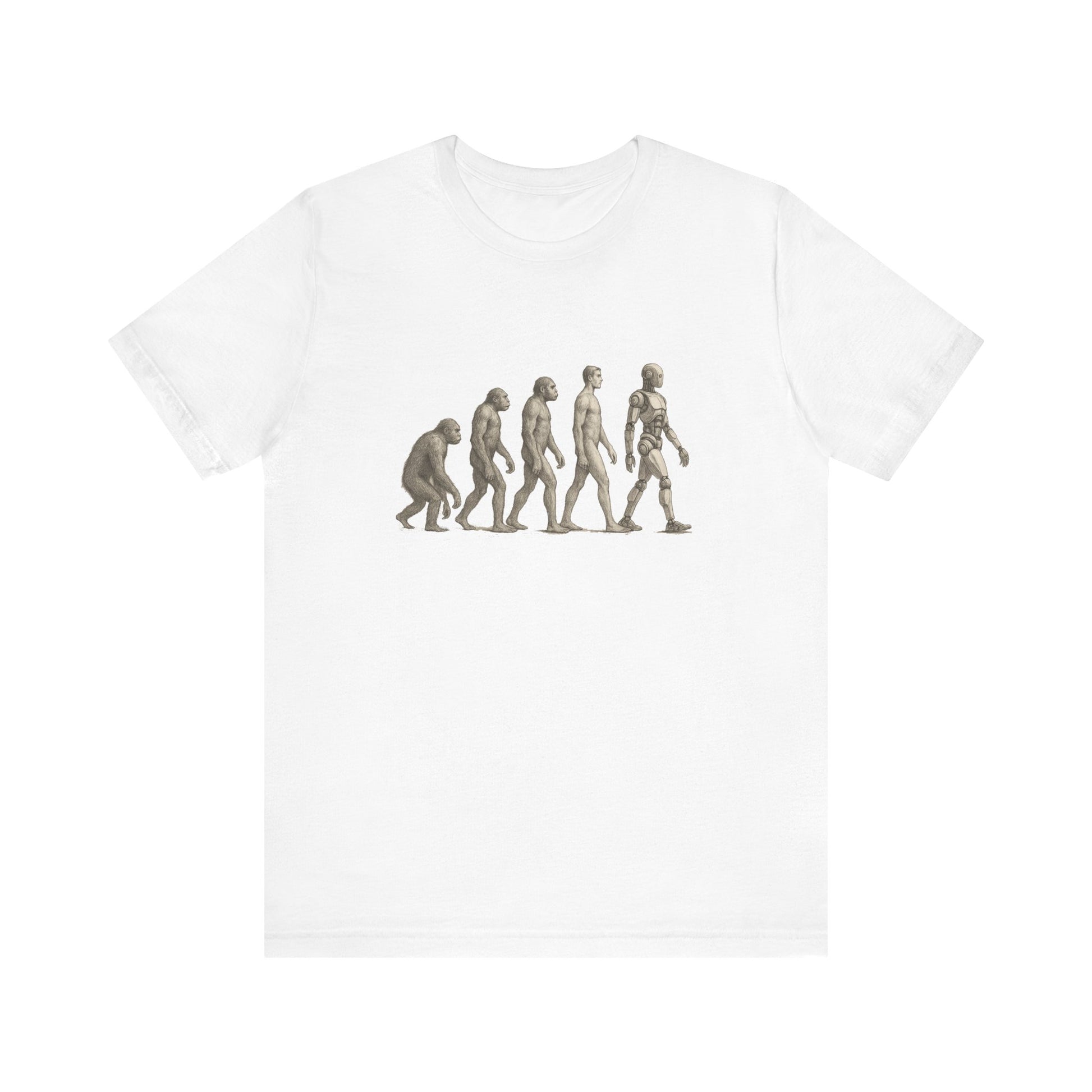 White t-shirt featuring human evolution graphic from ape to robot