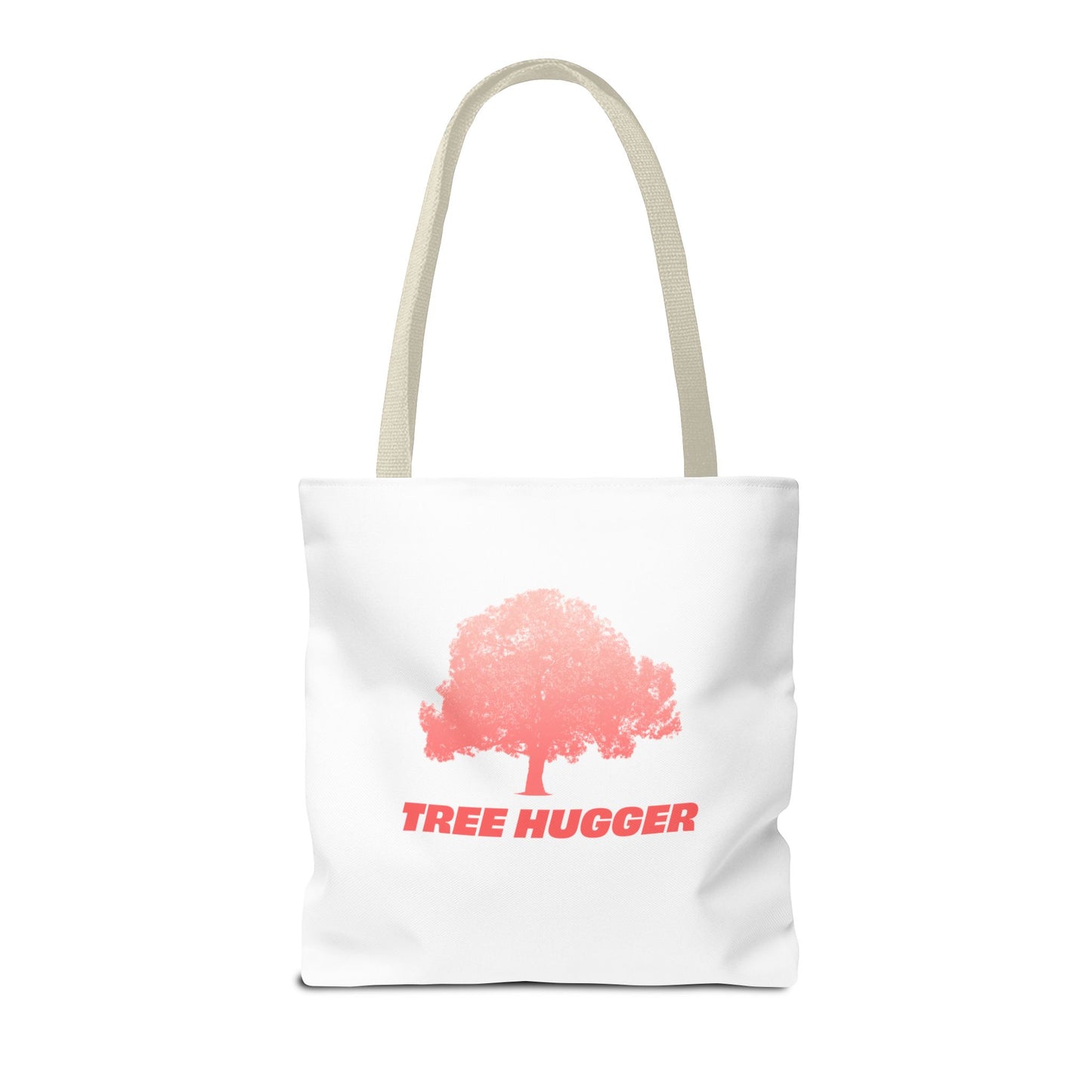 Tree Hugger Tote Bag angled view with red tree graphic