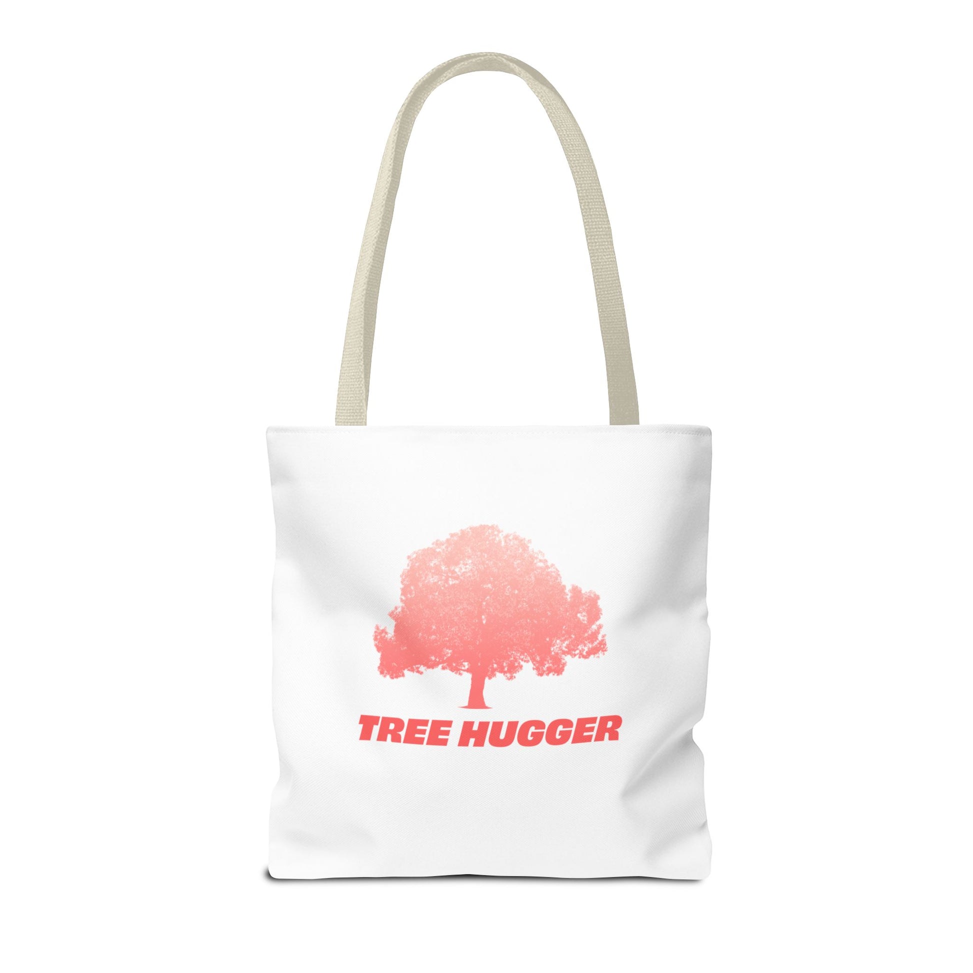 Tree Hugger Tote Bag angled view with red tree graphic